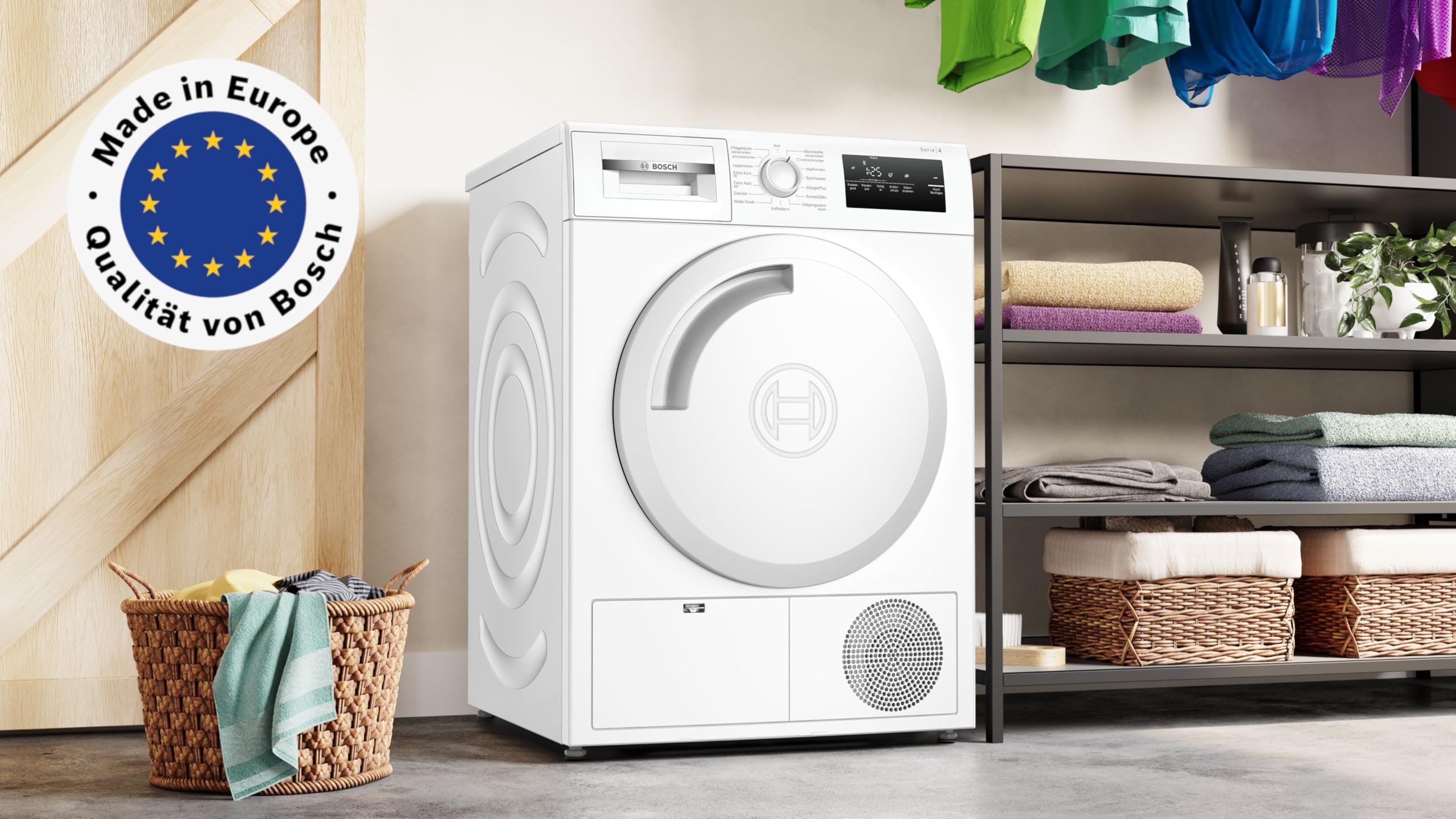 Bosch WTN83203 Serie 4, Kondenstrockner 8 kg, Extra schnelle Trocknung, Allergie Programm, AutoDry Feuchtesteuerung, SensitiveDrying System, Textilschonender Trockner, TouchControl-Tasten, Weiß