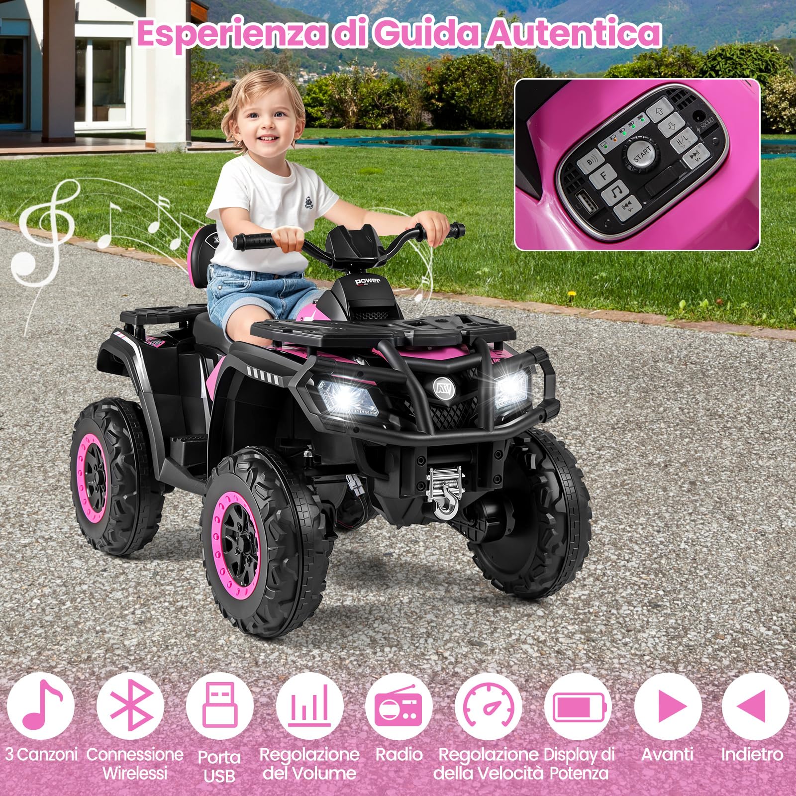 COSTWAY 24V Quad Elettrico per Bambini a 2 Posti, Macchina Elettrica per Bambini 3-8 Anni con 4 Motori, 4 Ruote Antiusura, Luci LED e Musica, Avvio Morbido e 2 Velocità Regolabili, 3-8 km/h (Rosa)