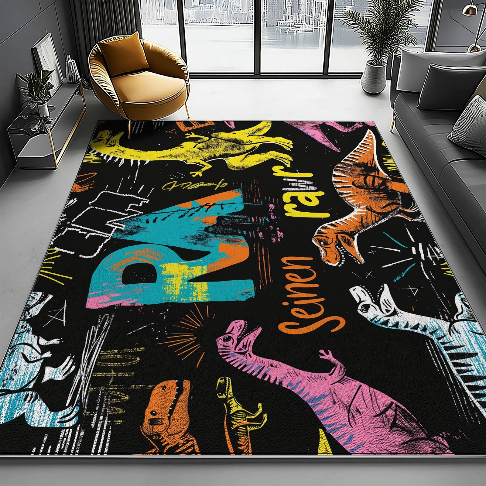 Tapis dinosaure lavable et doux pour un entretien facile au salon