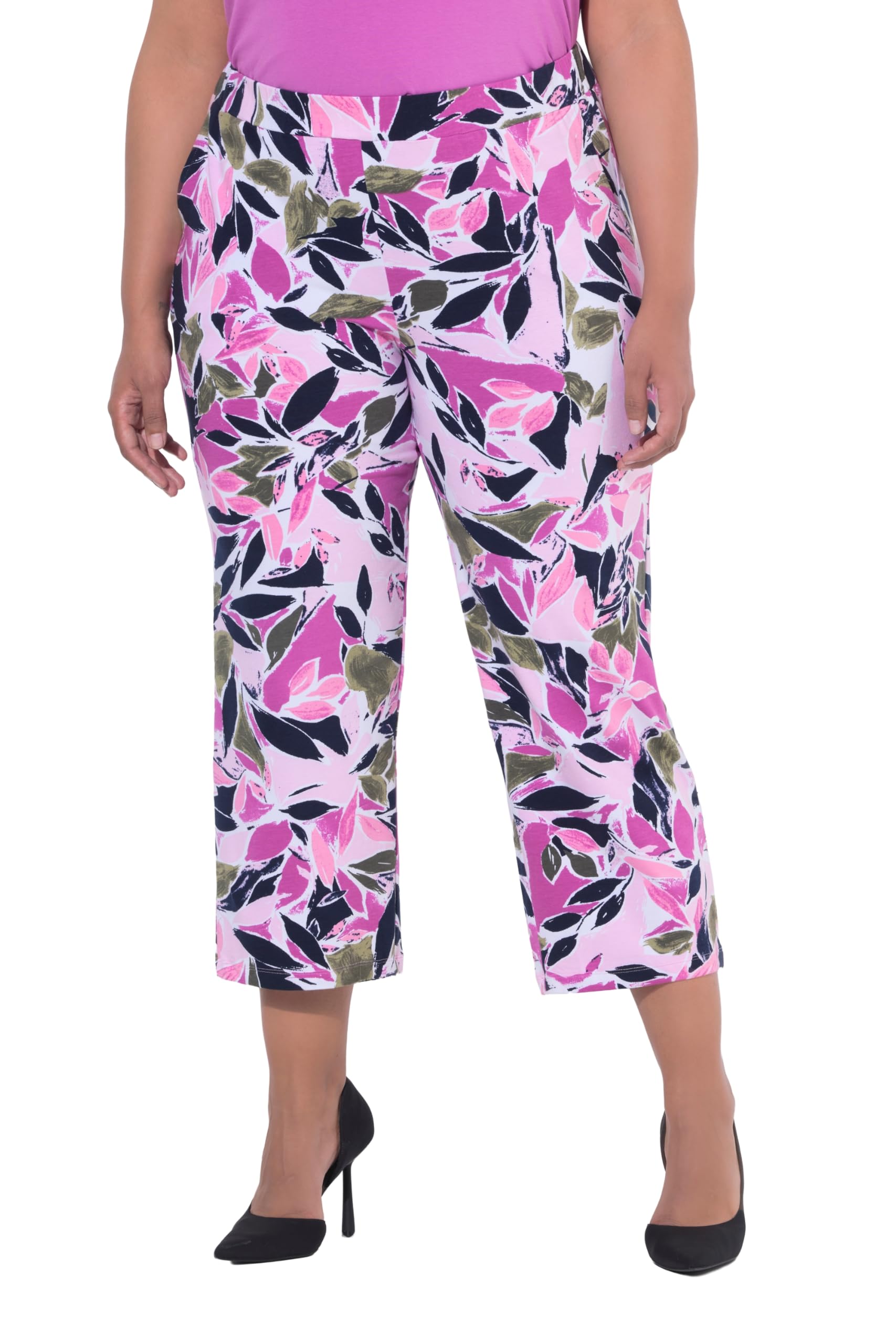 Ulla Popken Damen große Größen Übergrößen Plus Size 7/8-Jerseyhose, Blüten, weites Bein, Elastikbund 847566