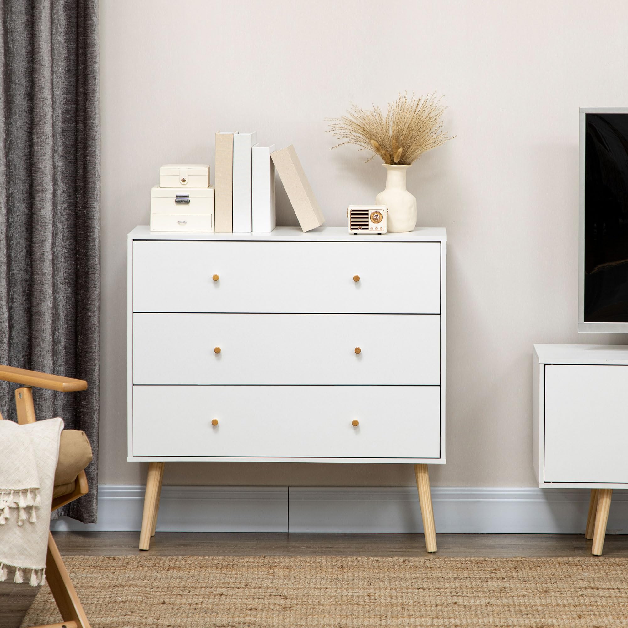 HOMCOM Cómoda con 3 Cajones Sinfonier para Dormitorio 80x30x80 cm Blanco | Patas de Madera, Diseño Antivuelco, Carga 70 kg, Cajonera para Salón Oficina