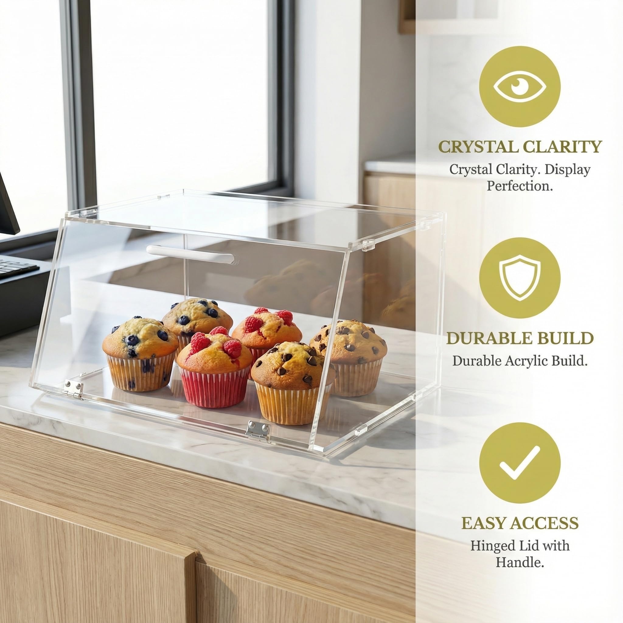 Vitrina apilable de acrílico para panadería, caja de exhibición para panecillos, pan de 15.9 x 6.5 x 12 pulgadas, puerta inclinada con 2 bisagras de acero inoxidable