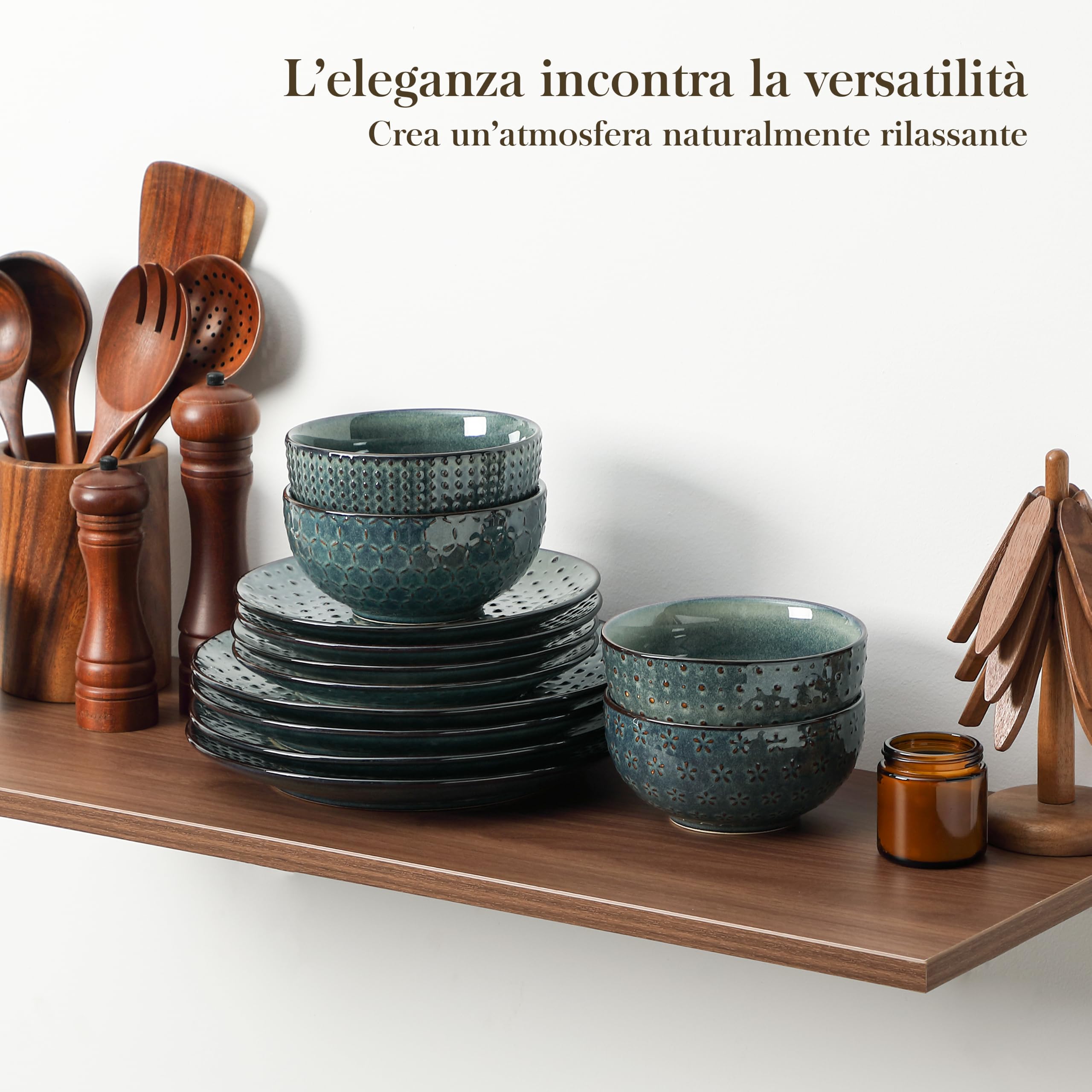 MALACASA Set di stoviglie da 12 pezzi, moderni set di piatti e ciotole, set di piatti verdi per 4 persone, piatti piani da cucina, set di stoviglie in ceramica per forno a microonde e lavastoviglie