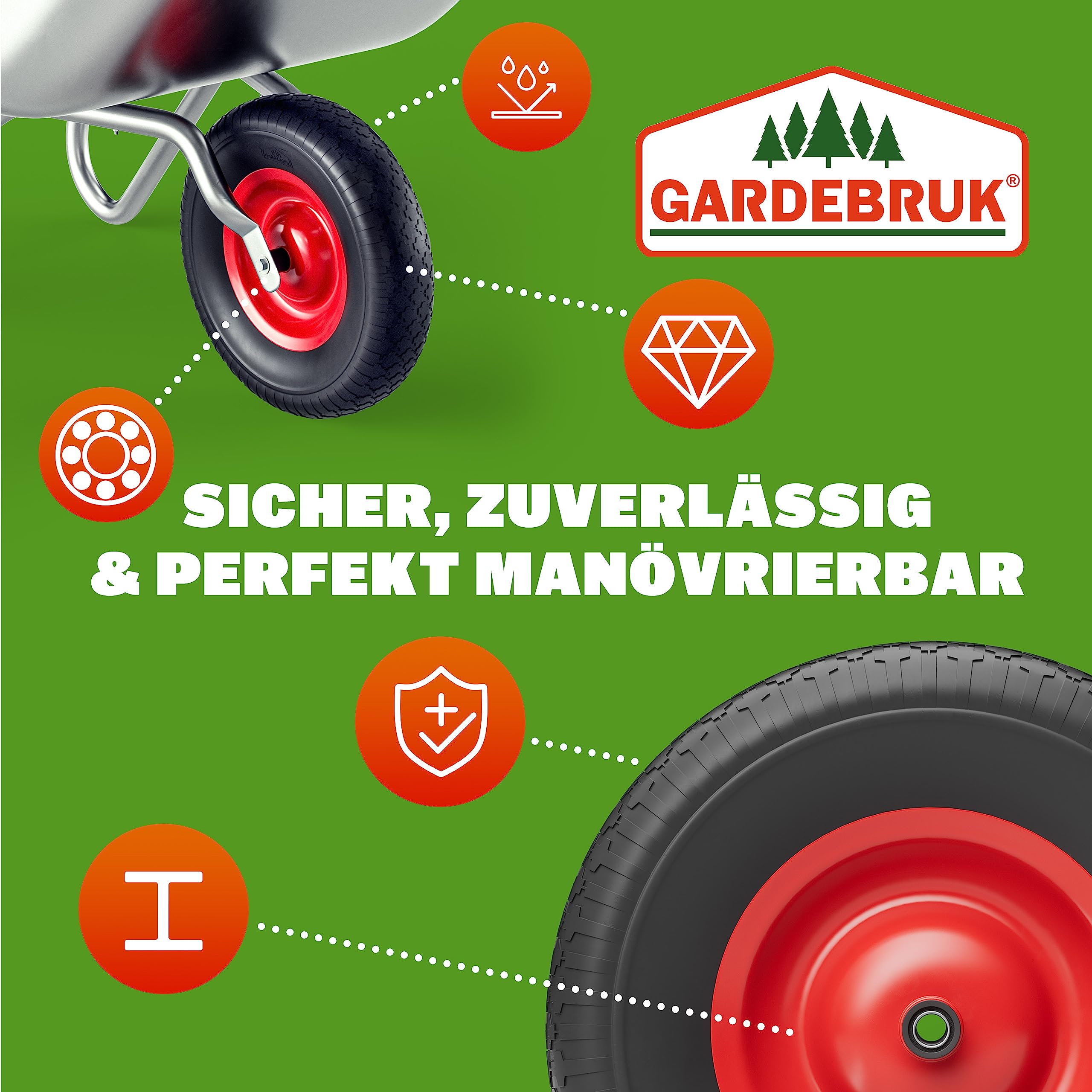 GARDEBRUK Schubkarrenrad PU Vollgummi pannensicher 4.80/4.00-8 ?390mm Stahlfelge 200kg Achse Diamantprofil Reifen Vollgummireifen Ersatzrad Schwarz