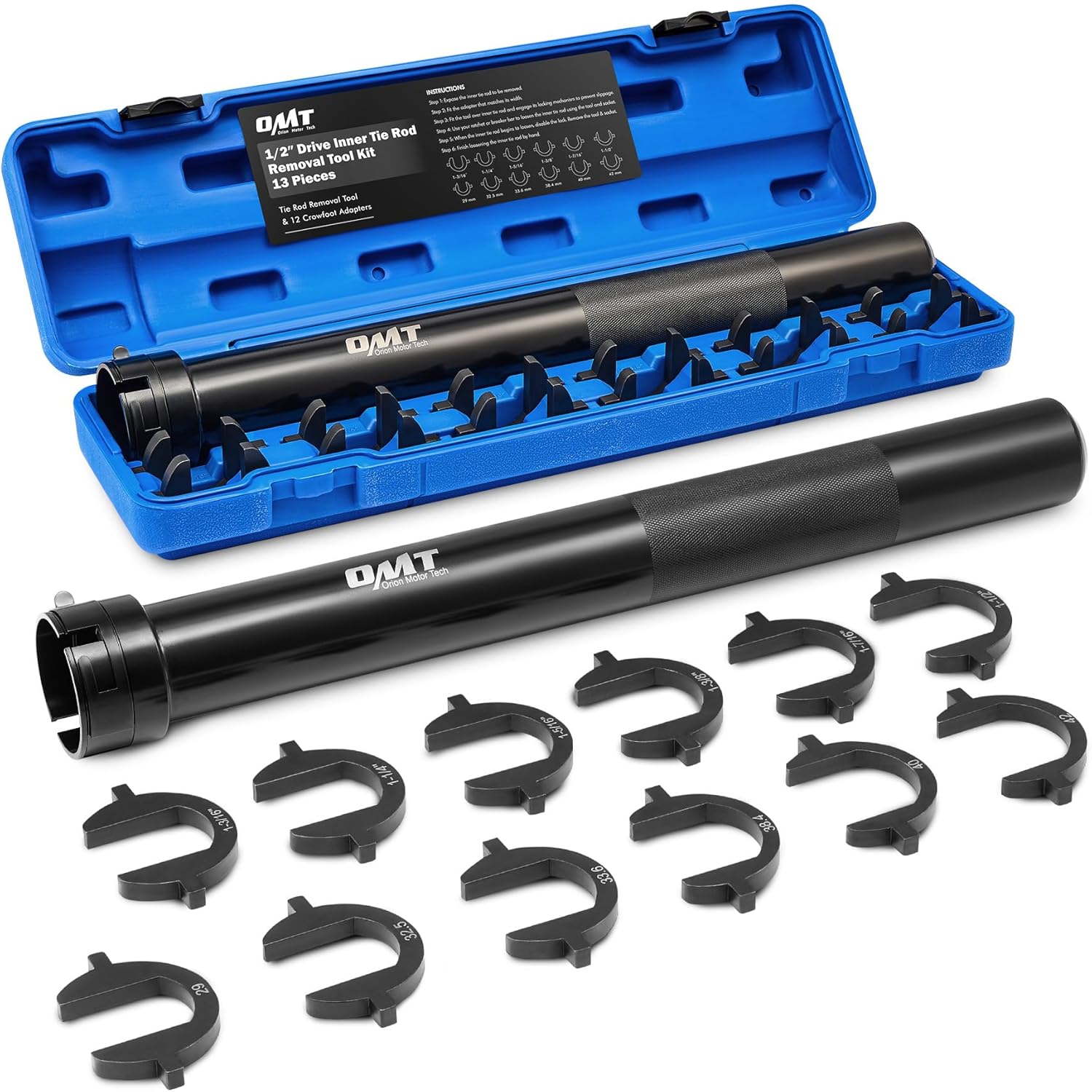 Orion Motor Tech Inner Tie Rod Removal Tool Kit, Inner Tie Rod Tool for Tie Rod Removal and Installation, Master Inner Tie Rod Tool Set with 12 Crowfoot Adapters 1/2 Inch Drive Tube and Tool Case (BK) black