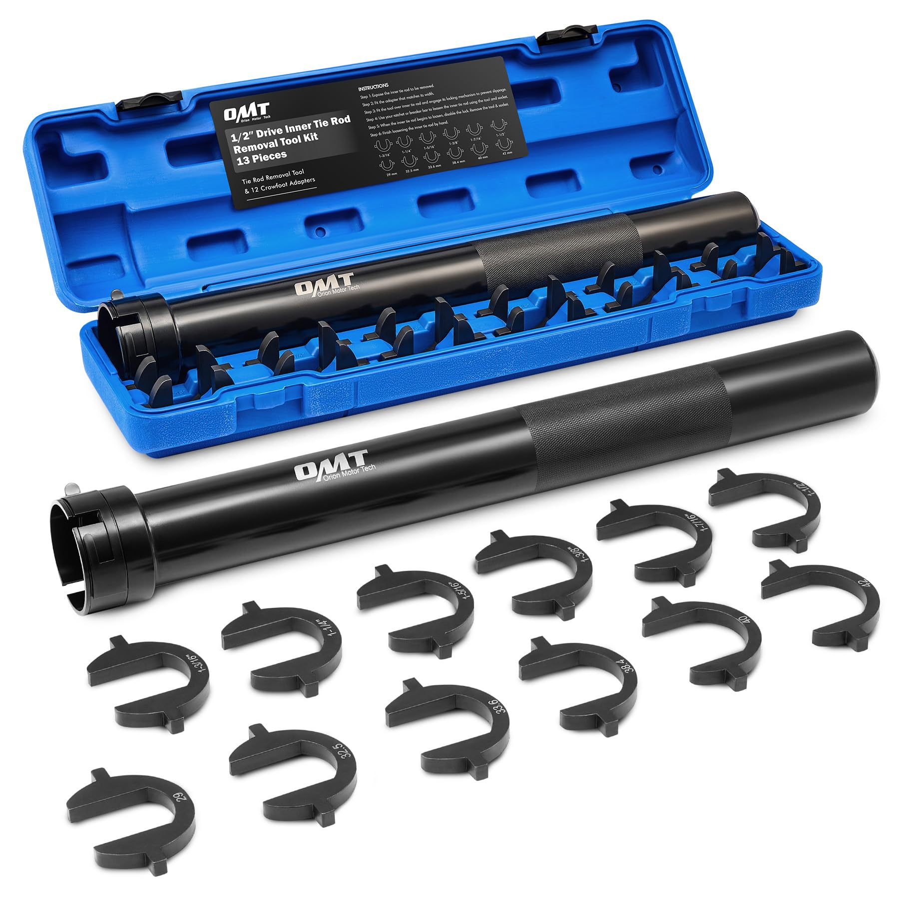 Inner Tie Rod Removal Tool Kit, SAE and Metric Sizes | Metric & Standard Inner Tie Rod Removal and Installation Mechanic Tool Set with 12 Crowfoot Adapters for Domestic & Import Cars