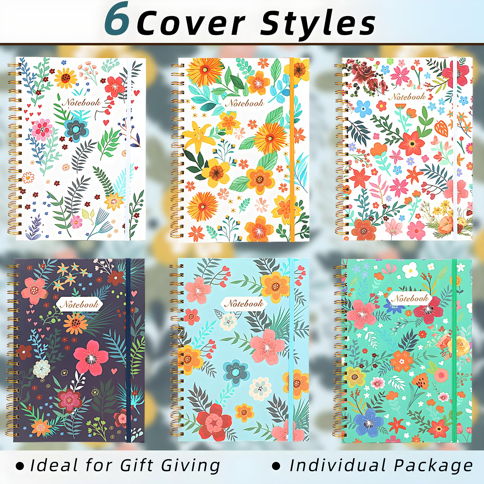 Coopay Paquete de 6 cuadernos en espiral A5 para mujer, cuadernos de composición con rayas universitarias, diario en espiral de tapa dura, lindo florecimiento, suministros de oficina, escuela