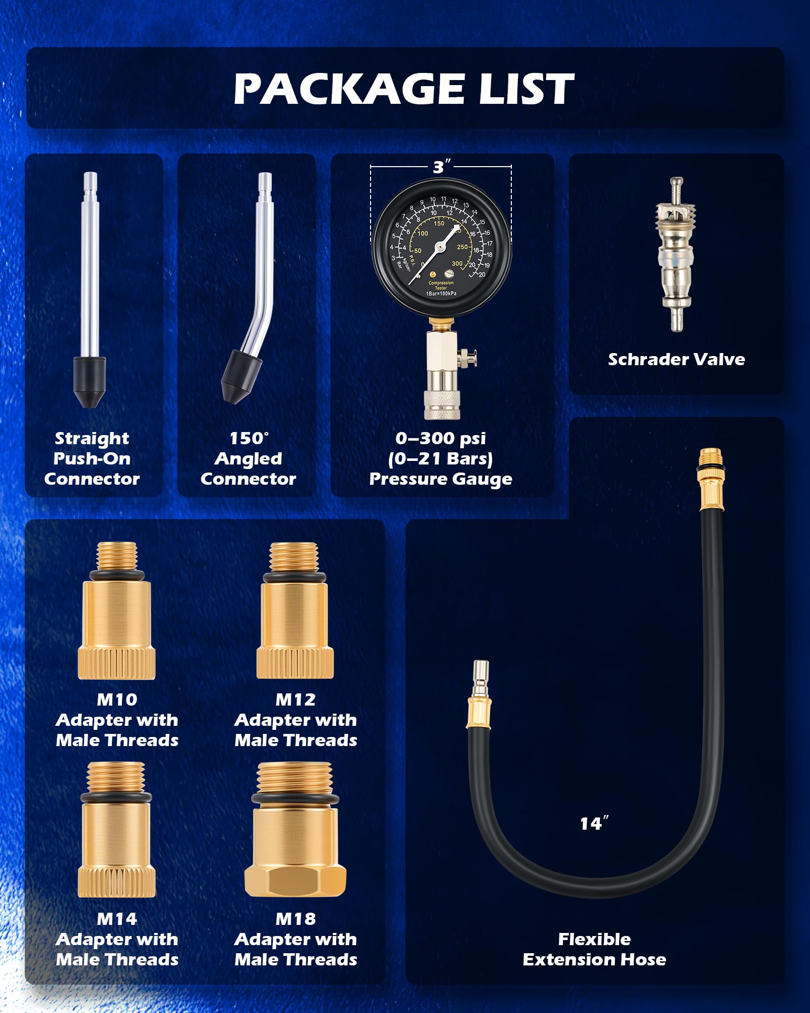 Orion Motor Tech Kit di test di compressione per benzina, 8 pezzi, per motori a benzina con manometro 0-300 psi