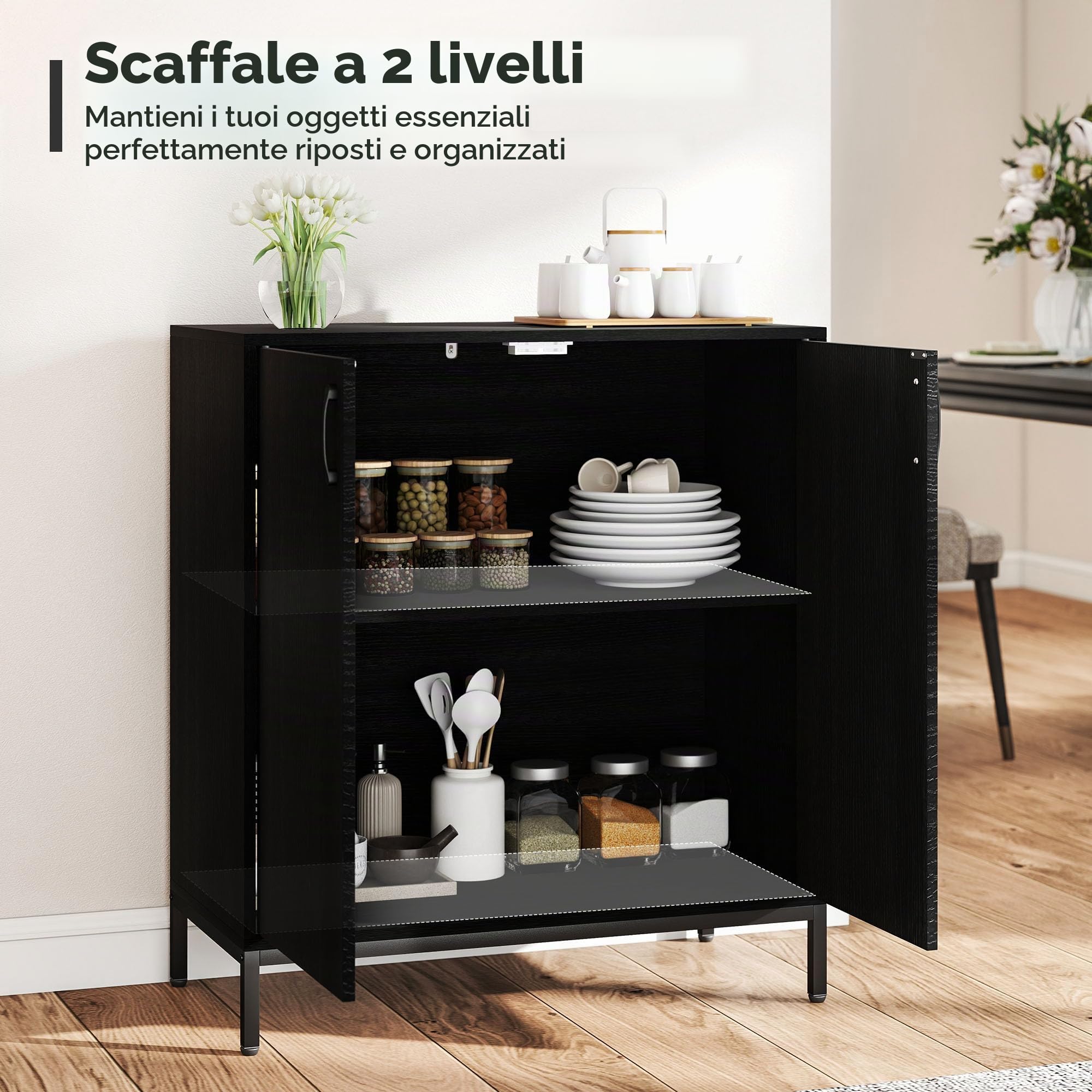 HOMCOM Credenza da soggiorno con 2 ante, credenza da cucina moderna, ripiano regolabile e base rialzata, per sala da pranzo, corridoio, camera da letto, 80x40x90 cm, nero