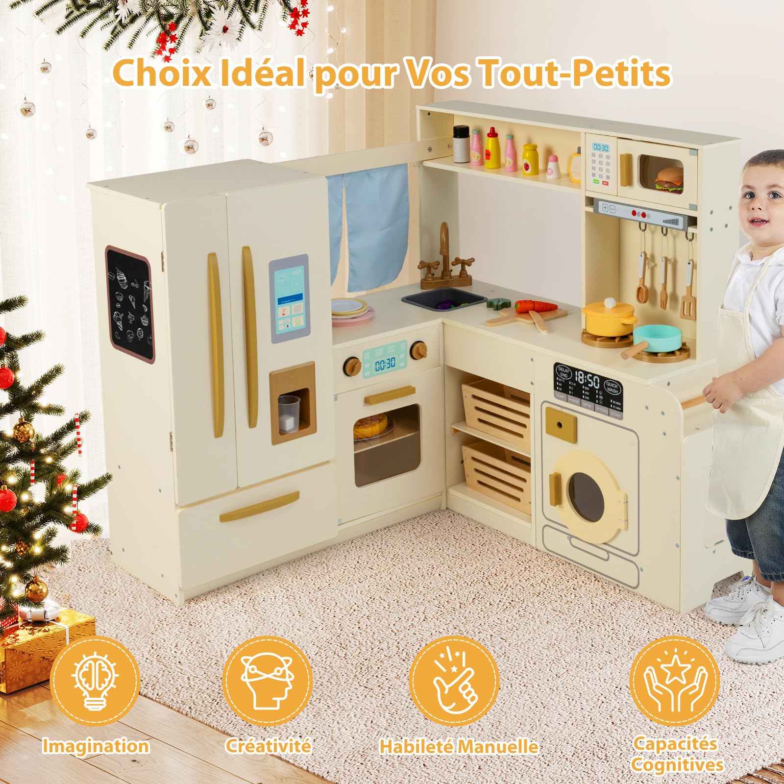 COSTWAY Cuisine d'angle en Bois Enfant avec Lumières & Sons, Jeu de Cuisine Enfant avec Réfrigérateur & Poubelle & Machine à Glaçons & Micro-Ondes, 22 Accessoires & Tableau Noir pour 3 Ans+