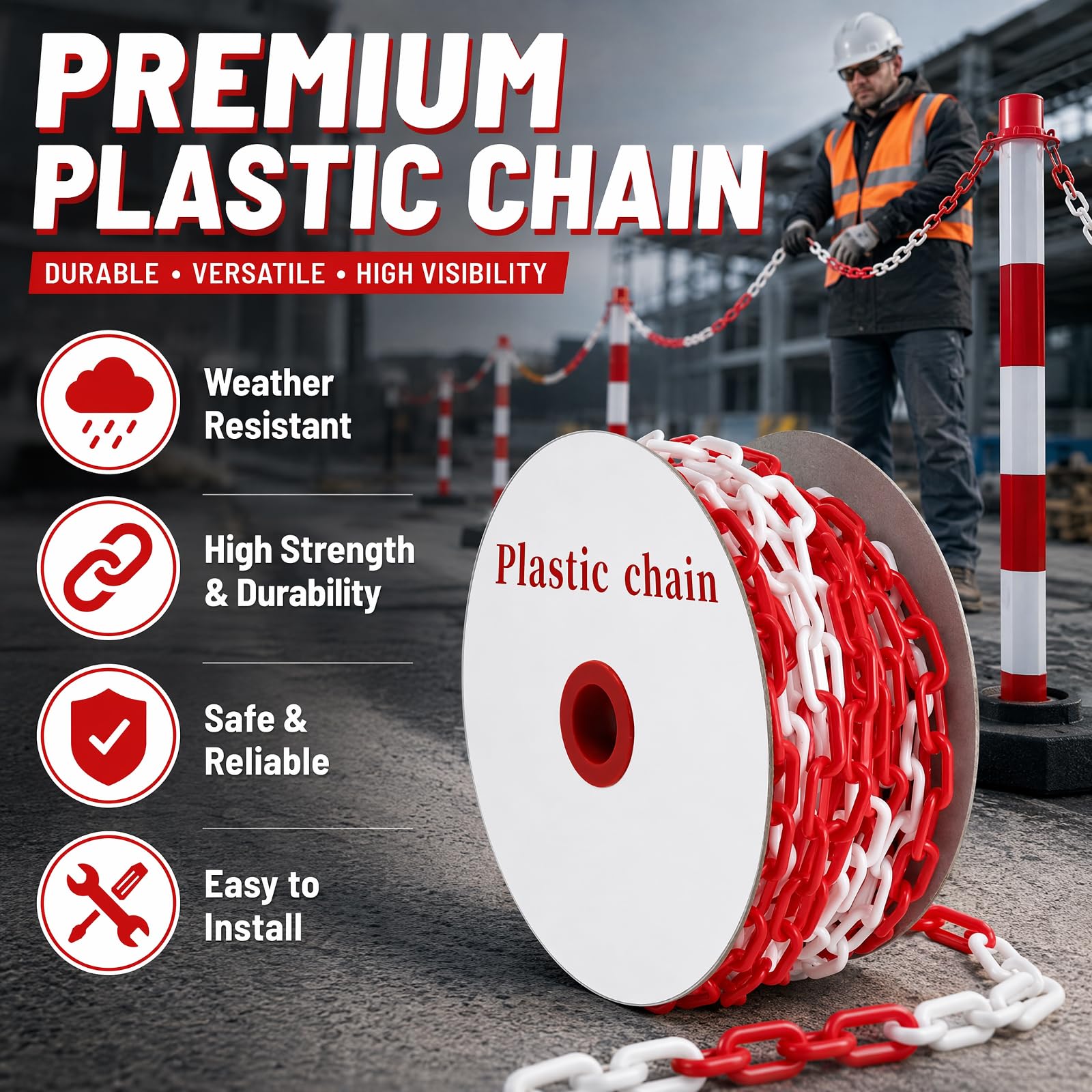 Catena di sicurezza rossa e bianca, in plastica, 6/8 mm, con moschettoni, catena di sicurezza per cantieri, parcheggi, manutenzione di ordini, garage (rosso-bianco, 8 mm-50 m)