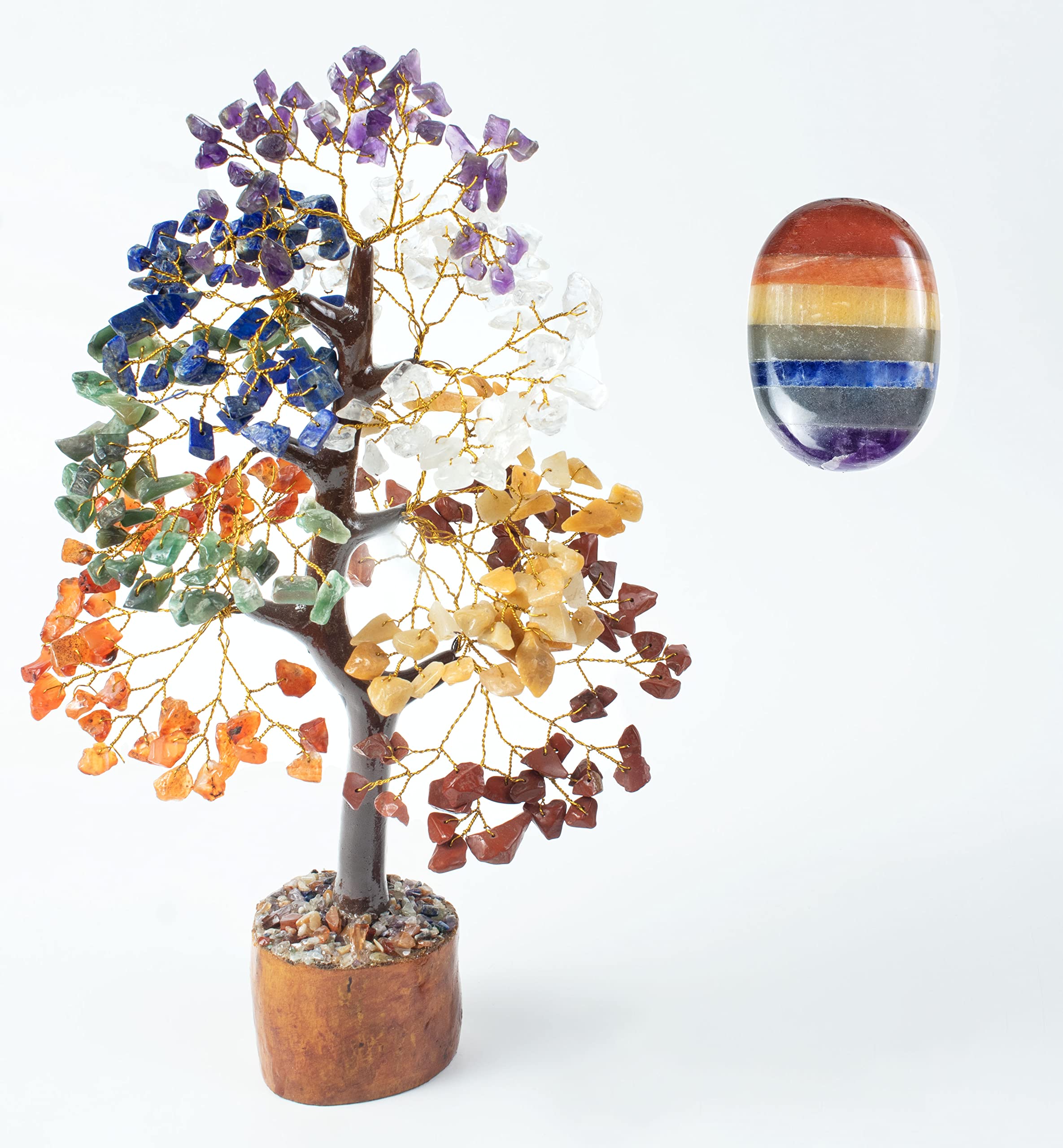 HindCraft Seven Chakra Crystal Tree with Chakra Palm Stone- Worry Stone - Good Luck Showpiece - Home Decor Items - Gemstone Tree - Crystal Gifts - Crystals Decoration Gift Item, 10-12 Inch