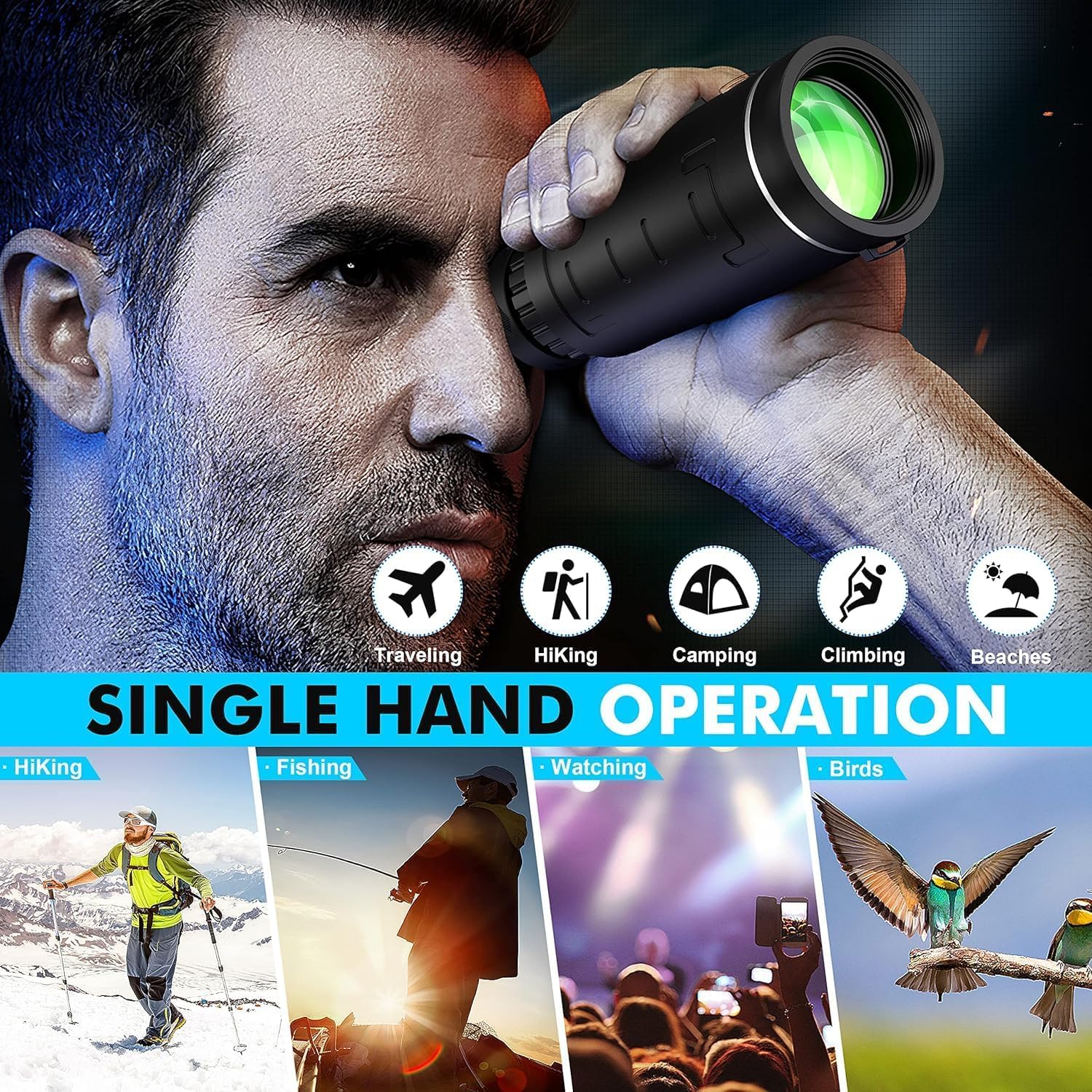 Monocular, Télescope monoculaire 12X50,Telescope Monocular, Monoculaire HD avec Trepied pour Smartphone pour l'Observation des Oiseaux Concerts Chasse
