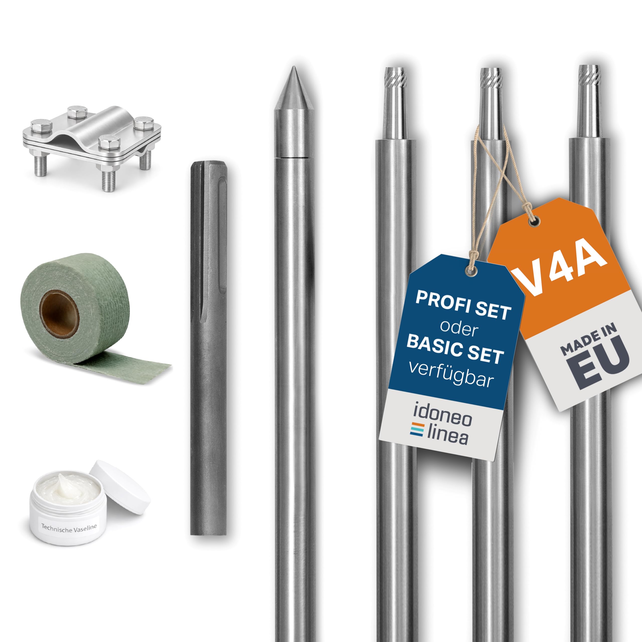 Tiefenerder Set V4A Edelstahl – Erdungsstab/Erdungsspieß mit Anschlussklemme & Schlagspitze – Basic & Profi Set mit Korrosionsschutzband, Vaseline & SDS – Blitzschutz, PV Erdung