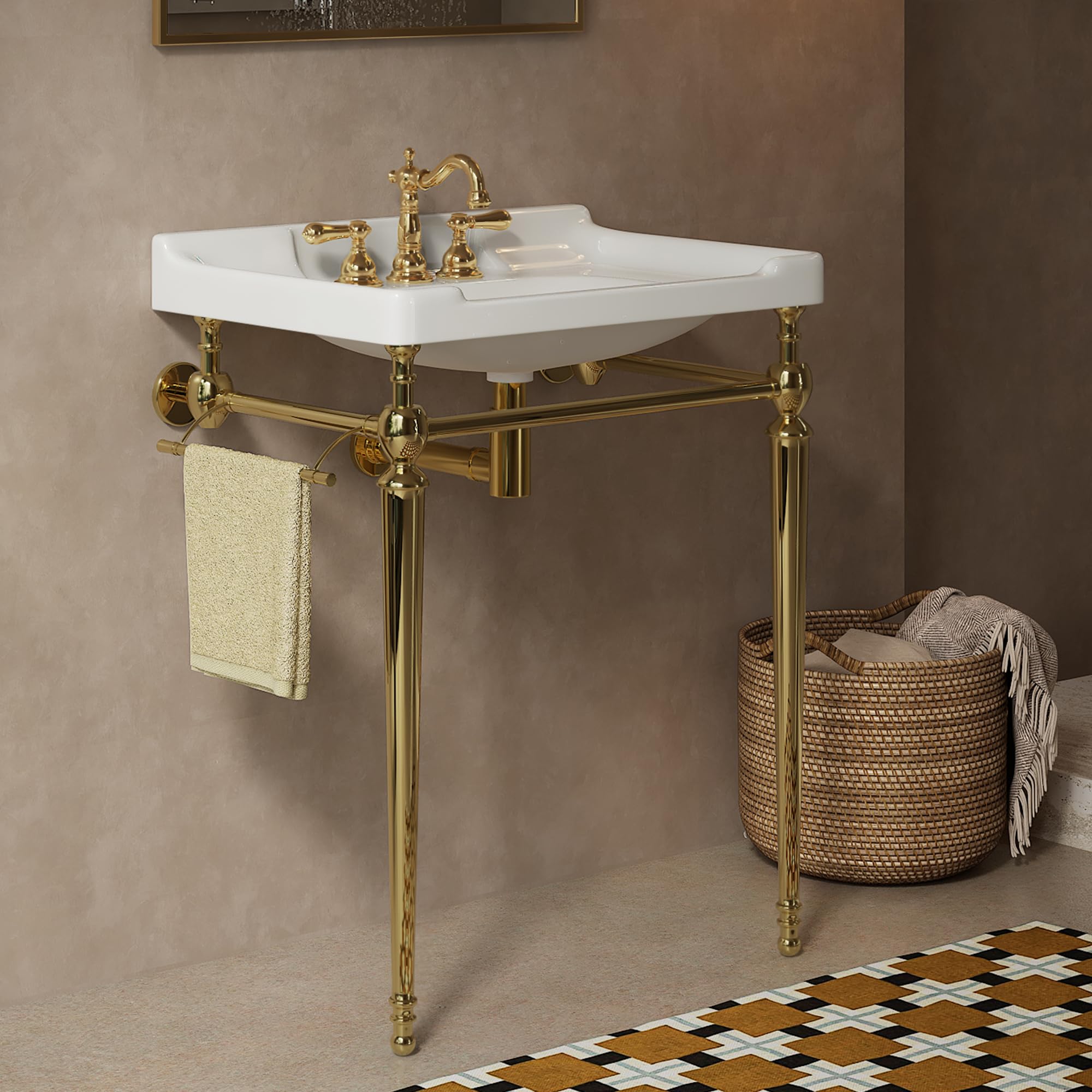 (LEGS ONLY NO SINK)Yayzy 28” Bathroom Vanity with White Ceramic Sink, Wall-Mounted Console Style, Gold-Finish Stainless Steel Legs & Towel Bar, 3 Faucet Holes, No Faucet