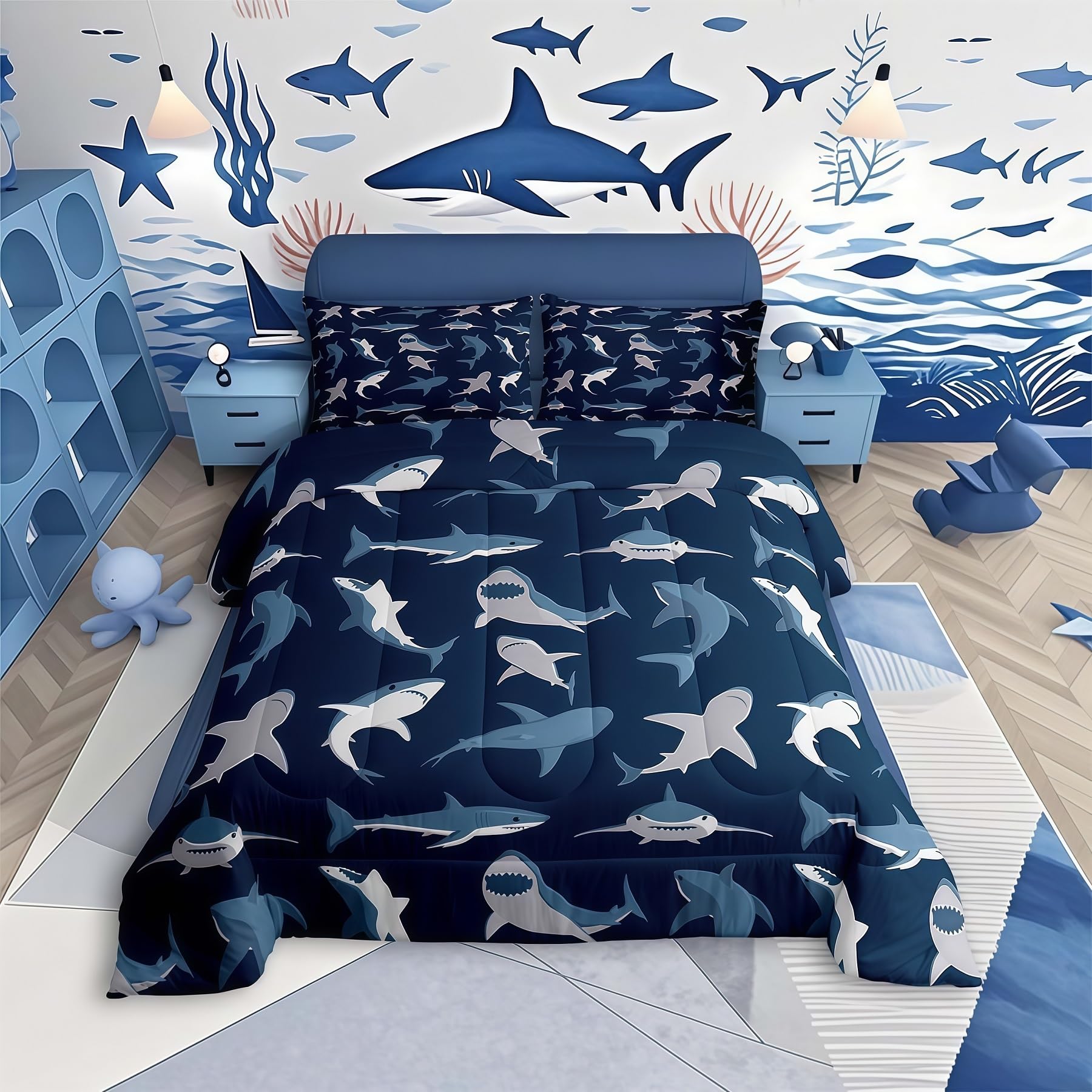 Boys Shark Bedding Set Ocean Sealife Comforter Set for Kids Youth Teens,Under Sea Marine Life Duvet Insert,Underwater World Creature Bed Quilt,Nautical Sea Animal Bedroom Decor Twin Size Navy Blue