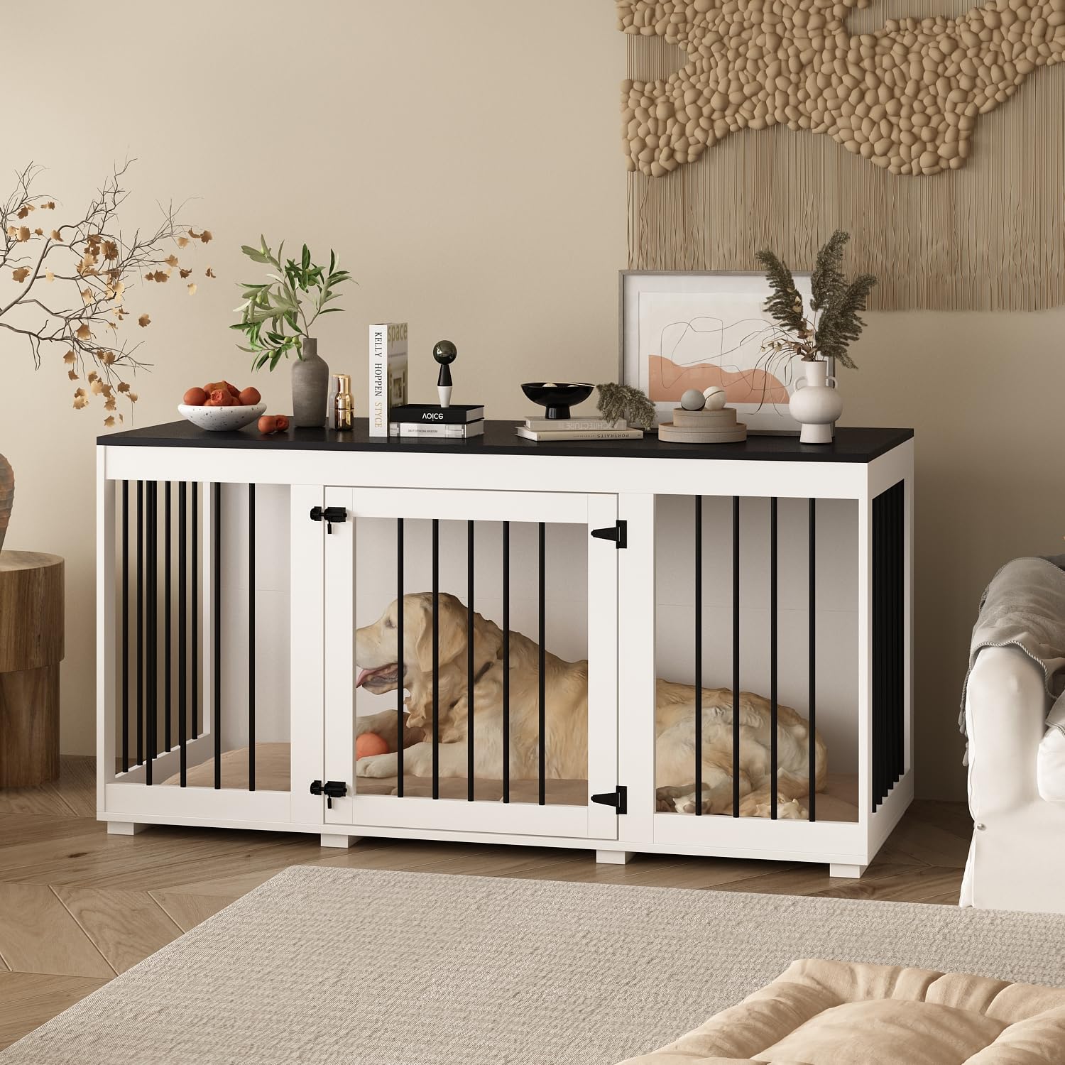 Moderne Hundebox mit 1 Gittertür,Hundehütte aus MDF und Metall,Transportbox für Haustier,atmungsaktiv,Hundehaus für mittelgroße Hunde,Hundekäfig für Innenbereich,Wohnzimmer,136x56x70cm