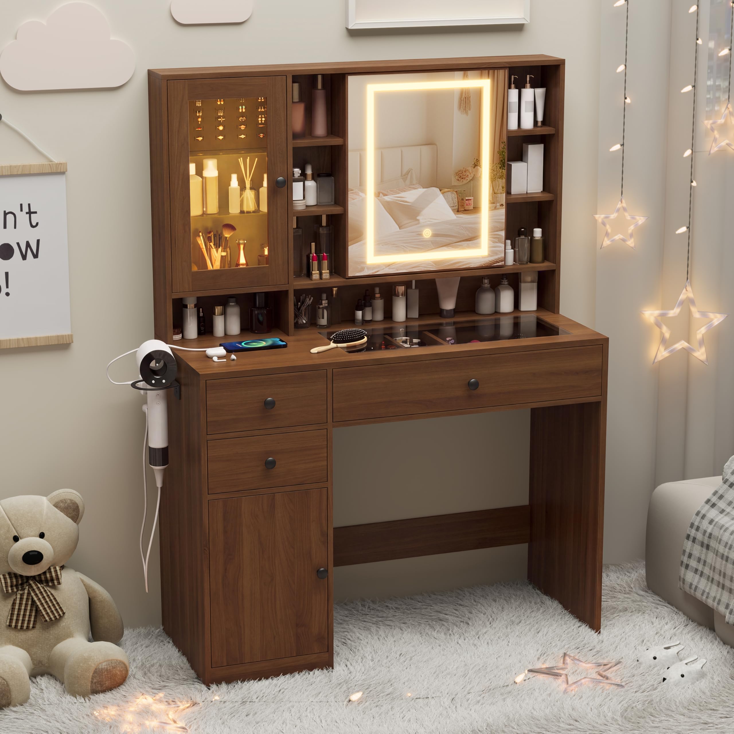 Makeup Vanity Desk with Mirror and Lights, Walnut Vanity with Glass Top, Jewelry Storage, Power Outlets, 3 Drawers &amp; 2 Cabinets, Adjustable LED Lighting, Dressing Table for Women &amp; Girls Bedroom
