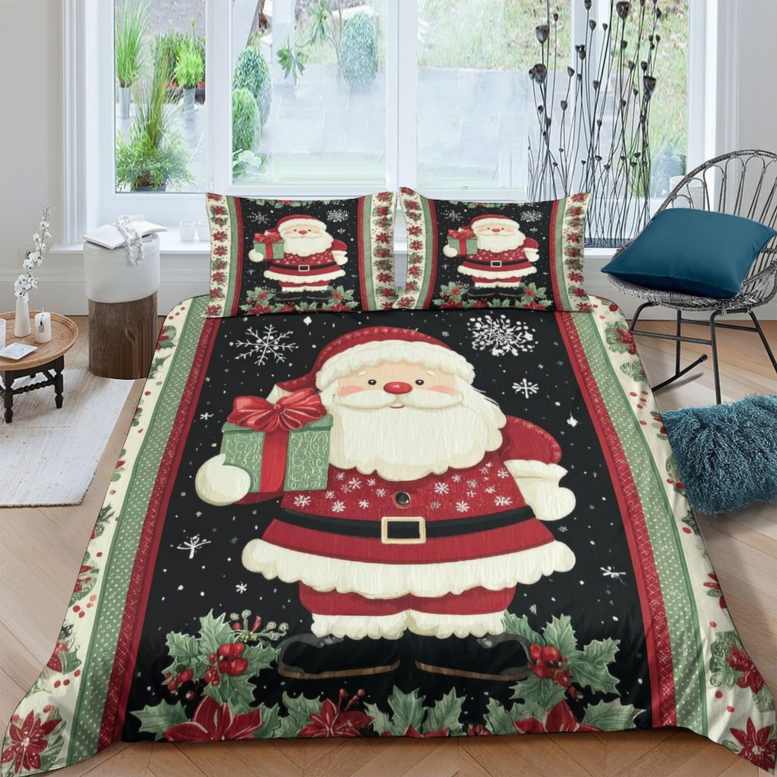 GPLZQXKJNH 3D Printed Santa Claus Christmas Duvet Cover Microfiber Soft Red Black Bedding Set with 2 Pillowcases for Bedroom Decor Single（135x200cm）