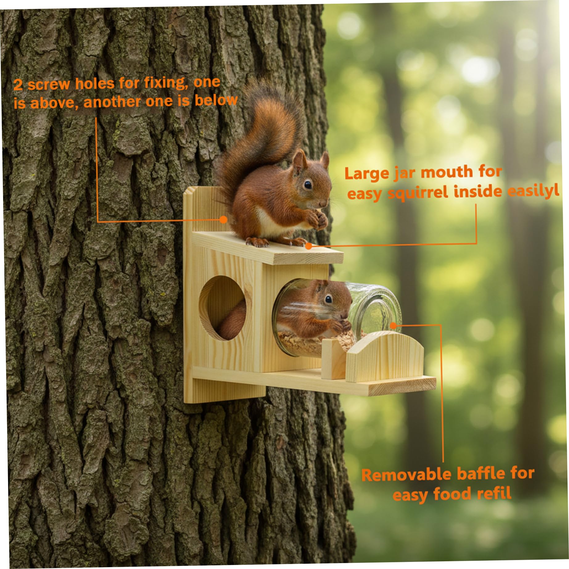 Eichhörnchen-Futterspender für draußen, Holz-Eichhörnchen-Box mit durchsichtigem Vorratsglas, wetterfester Nussriegel, Streifenhörnchen-Futterspender für Holzdeck, Baum, Zaun, 26, 7 x 14 x 14 cm