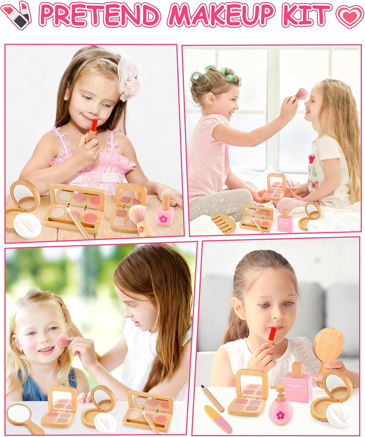 Wooden Pretend Makeup Kit for Girls Ages 3–5, Kids Pretend Play Cosmetic Set with Mirror, Lipstick, Nail Polish & Bag – Non Toxic Toy Makeup Set for Toddlers, for Toddler Girls - Image 7