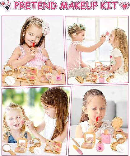 Miniatura 7 de Kit de maquillaje de madera para niñas de 3 a 5 años, juego de cosméticos con espejo, lápiz labial, esmalte de uñas y bolsa, juego de maquillaje de
