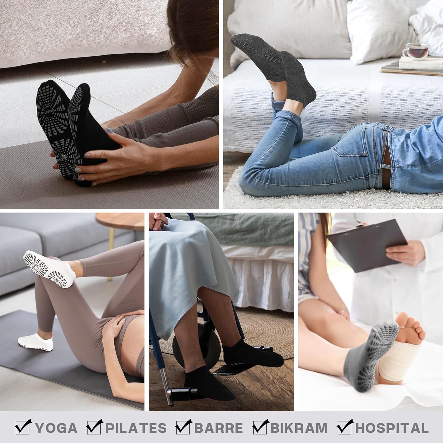 unenow 5 Pairs Pilates Socks for Women Non Slip Socks with Grips for Yoga Hospital Barre Barefoot - Image 2