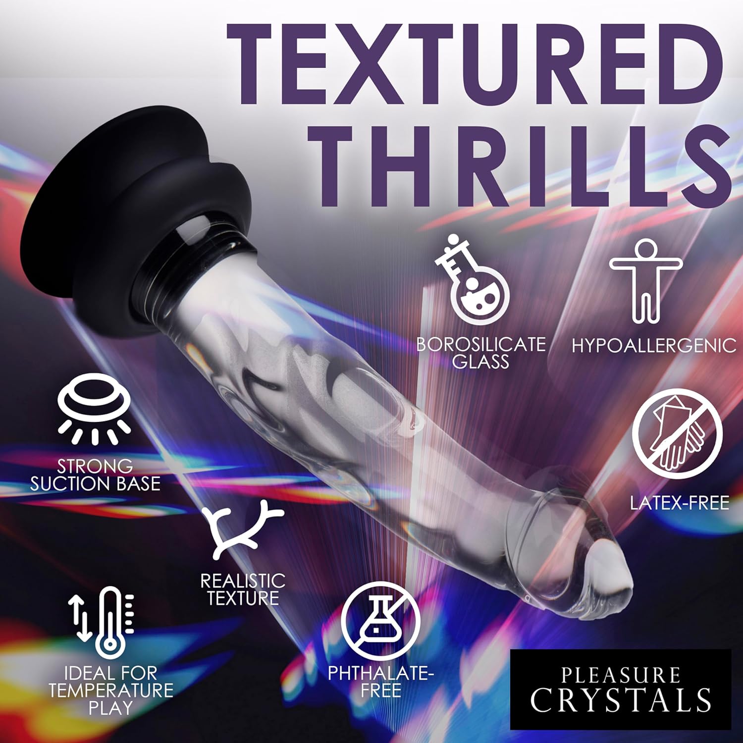 Pleasure Crystals 7" Glass Dildo with Silicone Base for Men, Women & Couples. Realistic Texture, Includes Removable Silicone Suction Cup, Ideal for Temperature Play. 2 Pieces, Clear.