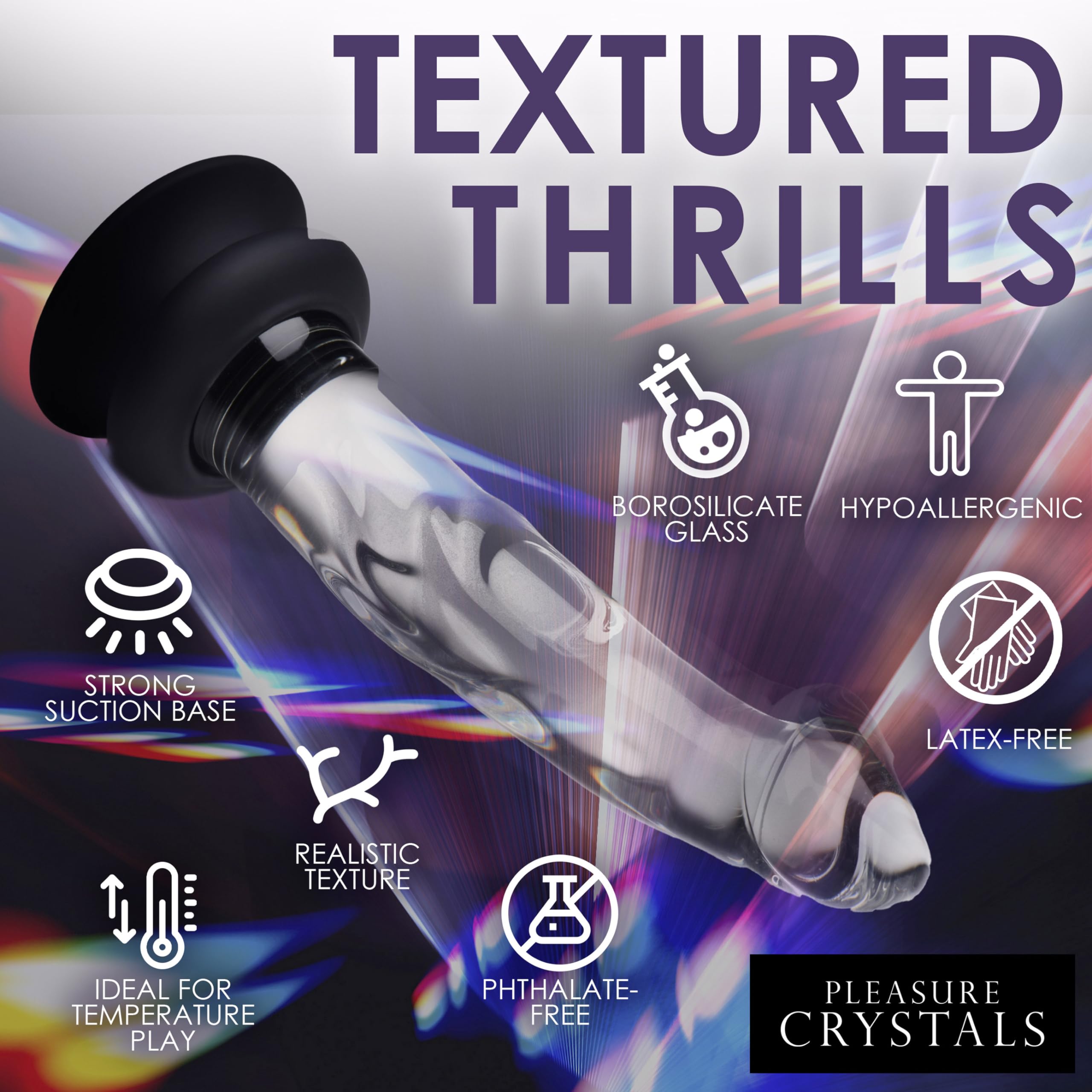 Pleasure Crystals 7" Glass Dildo with Silicone Base for Men, Women & Couples. Realistic Texture, Includes Removable Silicone Suction Cup, Ideal for Temperature Play. 2 Pieces, Clear.