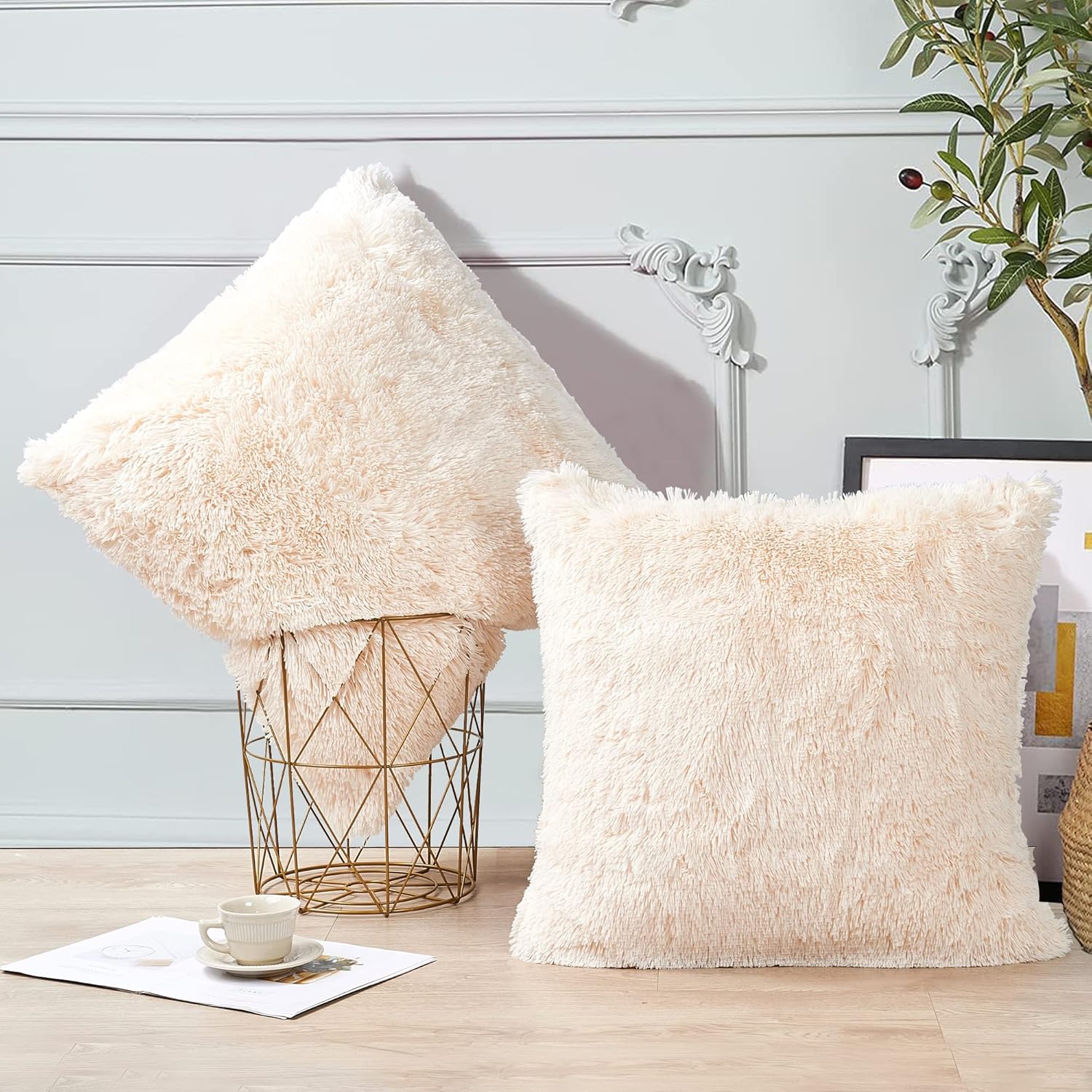 Shaggy Furry Fluffy Faux Fur Decorative Euro Throw Pillow Covers 26 x 26 Inches Set of 2, Plush Soft Luxury Cushion Case Pillowcase for Couch Bed Car Bedroom Living Room, Cream
