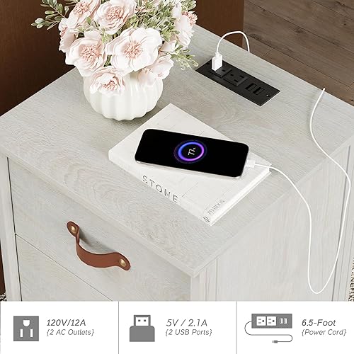 Miniatura 6 de WAMPAT Mesitas de noche para dormitorio, juego de 2 mesas auxiliares con estación de carga, mesita de noche de madera con 2 cajones, mesa auxiliar