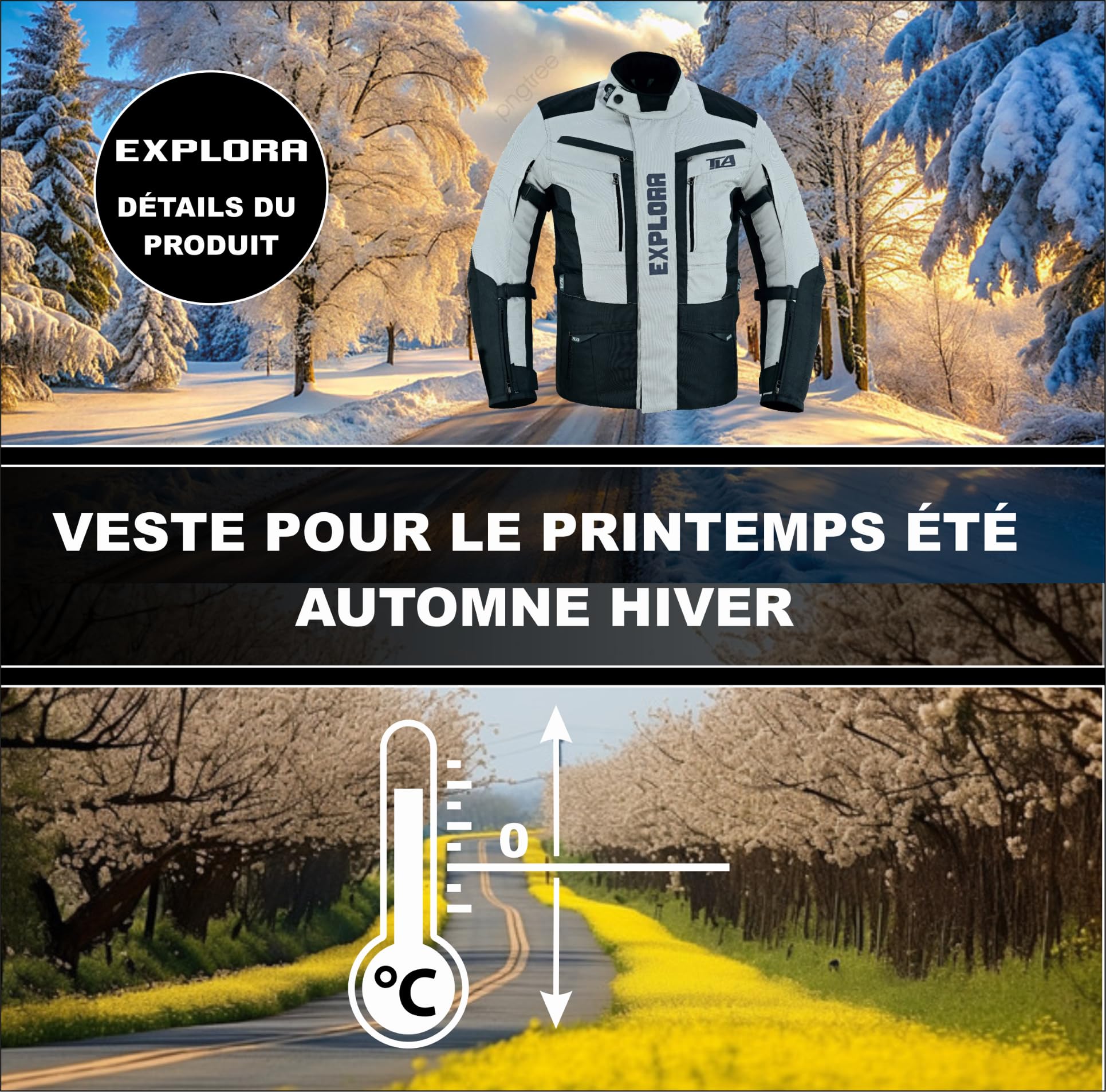 TLA EXPLORA Chaqueta de Moto con Protecciones de 2 Capas, para Las 4 Estaciones | forro desmontable, transpirable, tallas hasta la 7XL, unisex para hombre y mujer, para enduro, quad, ATV y moto de nieve.
