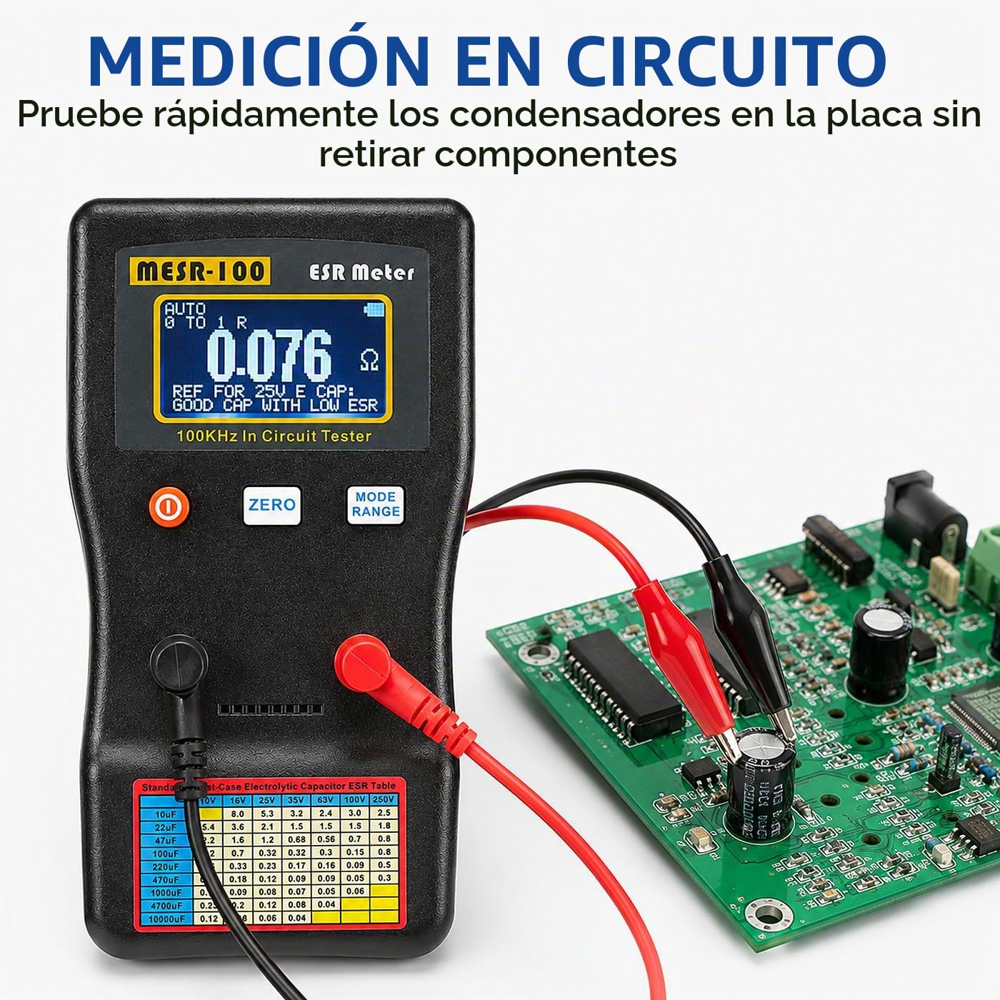 MESR-100 Digital ESR Medidor, Automático Rango 0.001R A 100R Capacímetro Circuito Resistencia/Capacitancia Probador Ohmímetro Retroiluminación Multímetro, para Reparación Tv/Lcd/Placa de Audio