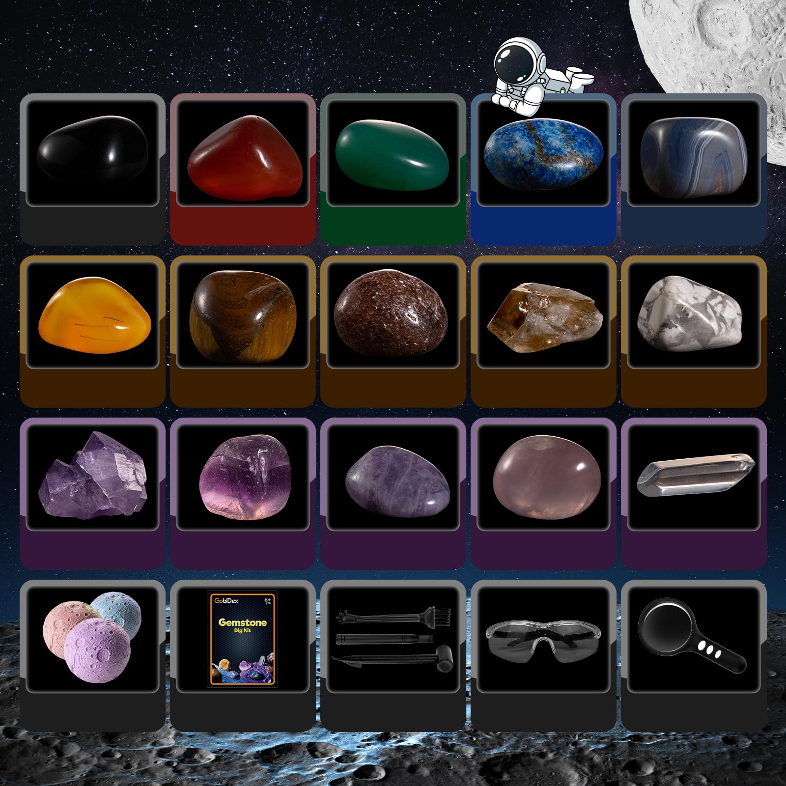 GobiDex Pietra Naturale e Cristalli, Minerali da Collezione, Caccia al Tesoro Lunare, Archeologia, Geologia, Scienza, Sistema Solare, Regalo del Pianeta, Kit di Scavo per Bambini dai 6 7 8 9 10 Anni