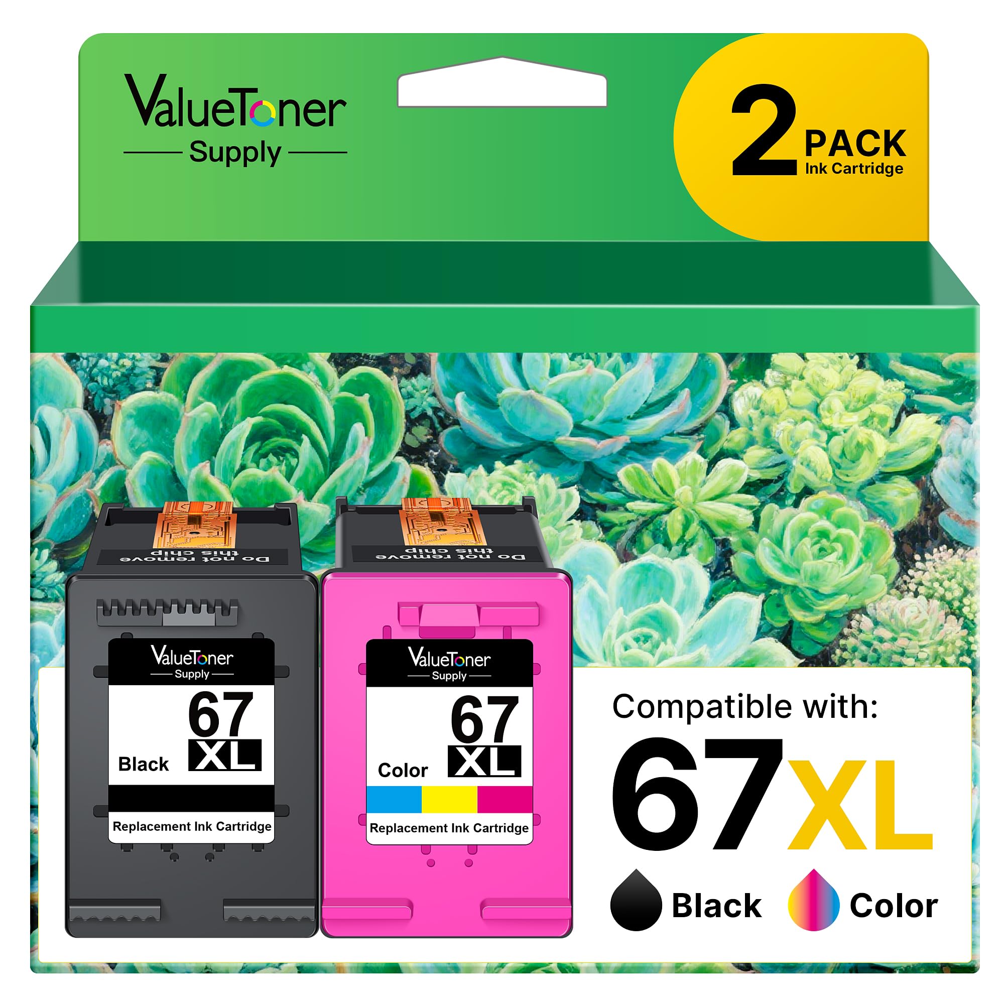 67XL 67 Ink Cartridges Black/Color Combo Pack for HP Ink 67 67XL for Printers Deskjet 2700e 2755e 2732 2752 Deskjet 4155 4155e Envy 6055 6055e 6052 6058 Envy Pro 6400 6455 6455e 6458, 2 Pack