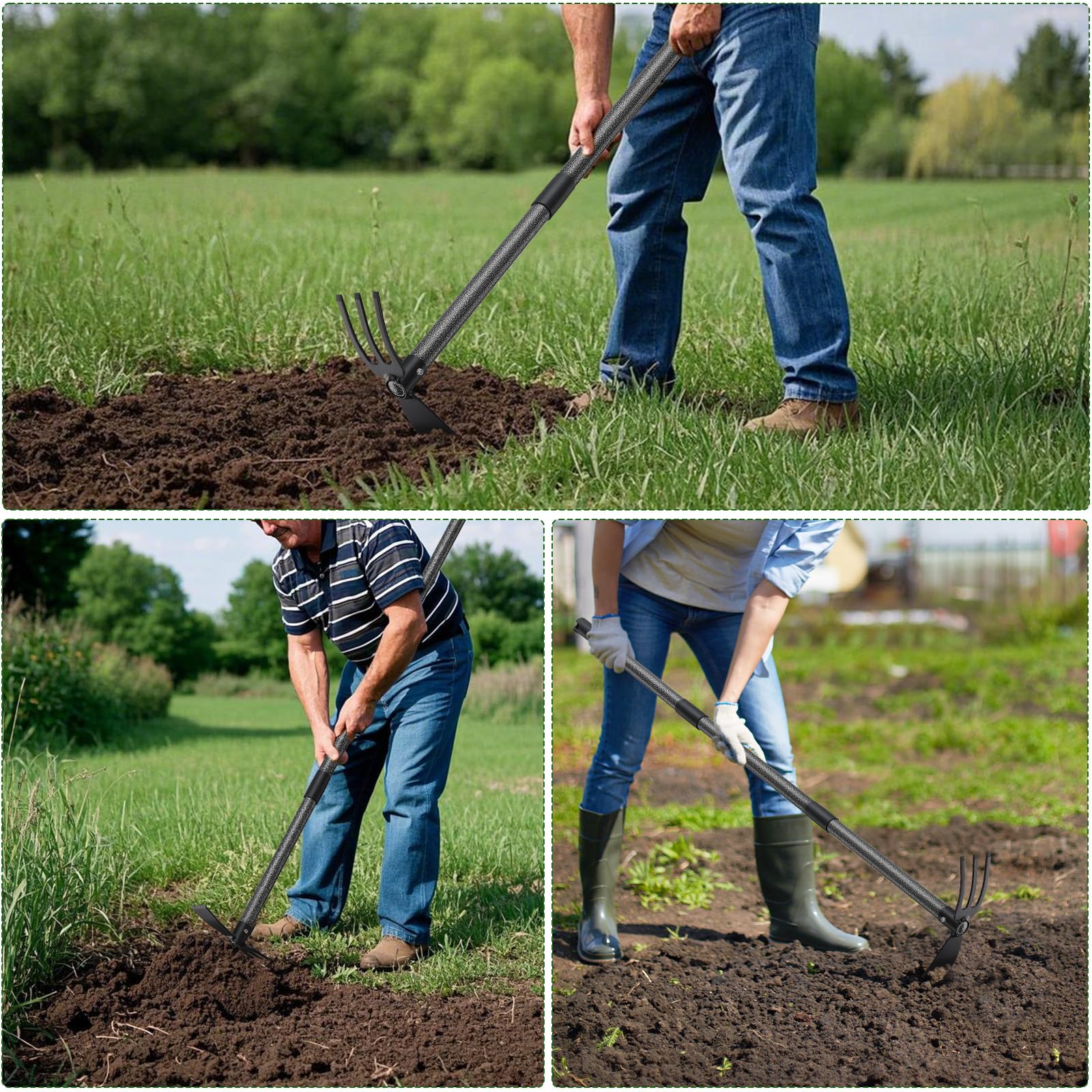 Binette de jardin avec manche - 116 cm - Double binette à 3 dents - En métal - Multifonction - Accessoire de jardin pour ameublir, aérer et désherber le sol