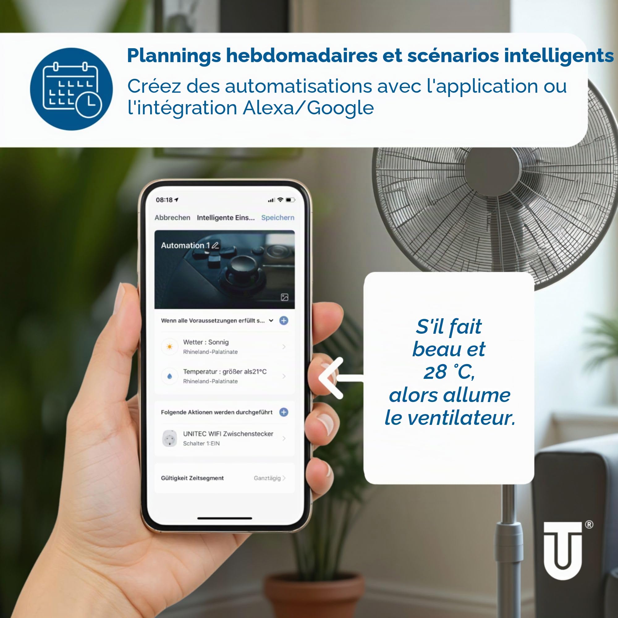 UNITEC 30798 Multiprise Wi-Fi 4 x 2 | Prise intelligente Wi-Fi avec minuterie | Mesure des coûts d'énergie | Commande vocale et application | Avec 2 sorties USB