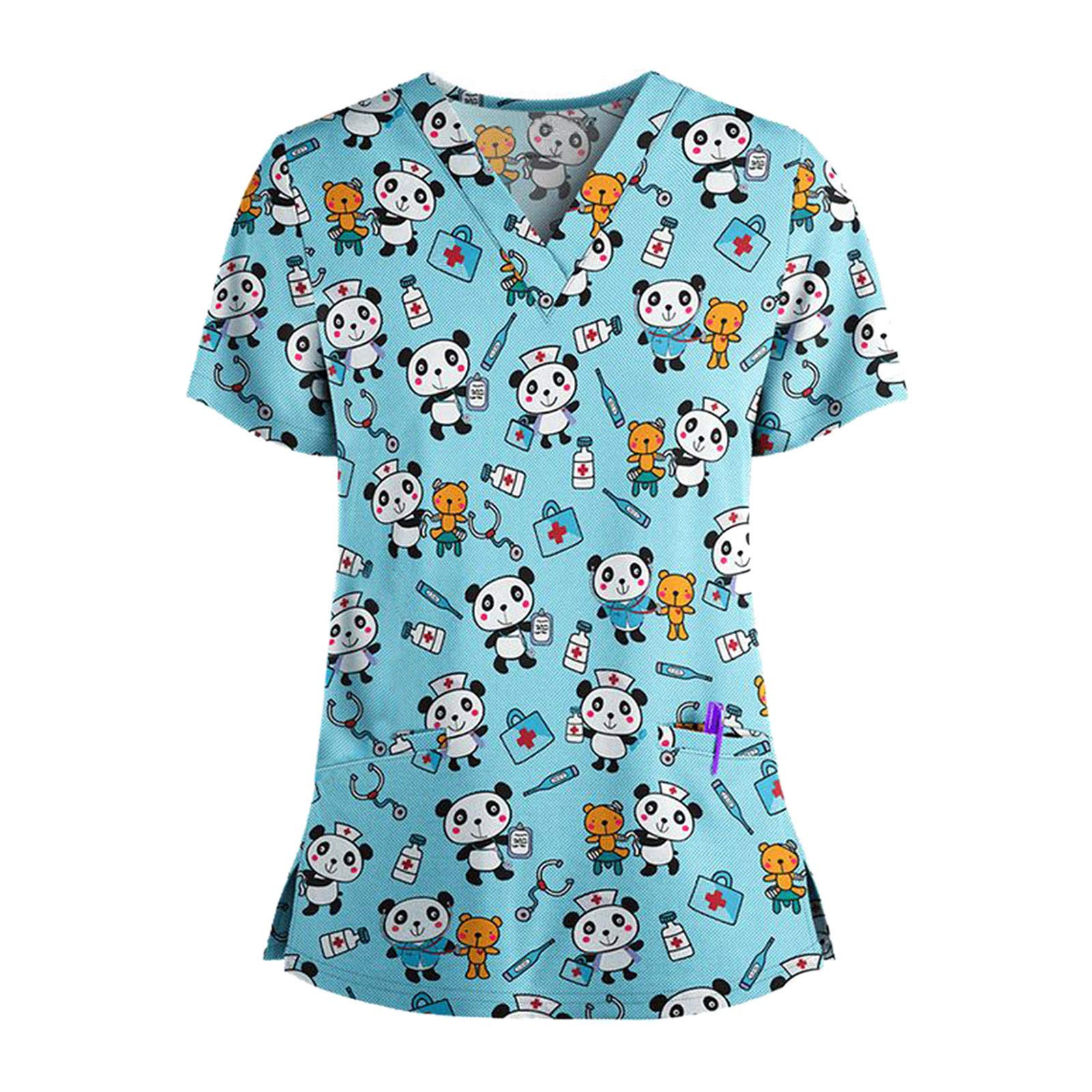BSXY Tops de Mujer Uniforme de Trabajo Uniforme Estampado Camisa de Manga Corta Impresión de Dibujos Animados Top con Cuello en V