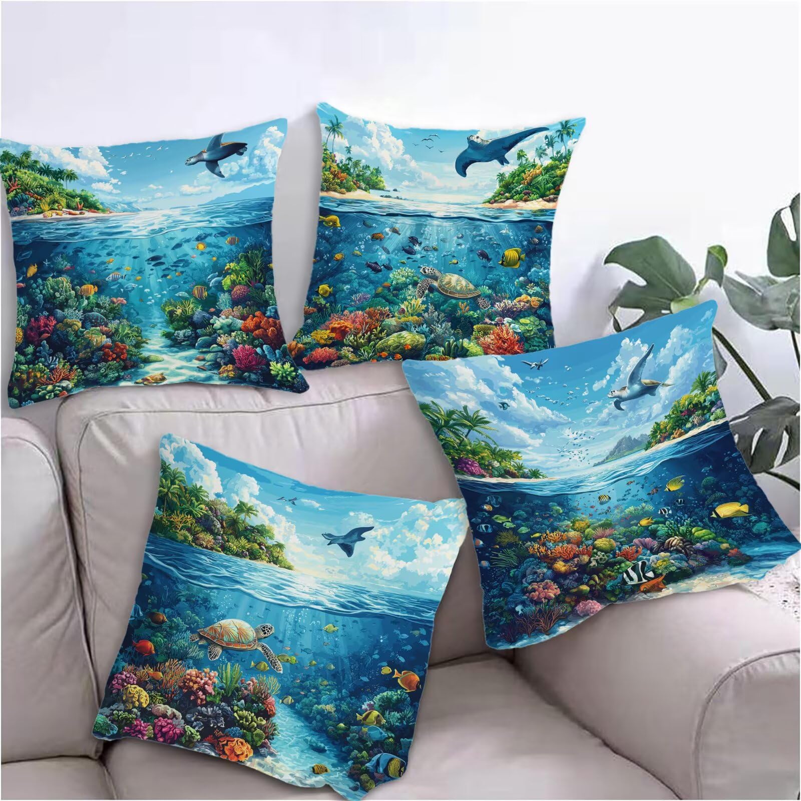 4 Pack Summer Throw Pillow Covers 14x14 Inch - Double-Sided Velvet Decorative Covers With Invisible Zipper