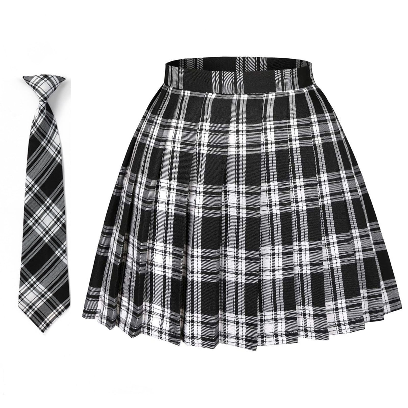 libairo Women's Girls Plaid Pleated Skirt High Waisted Japanese School Uniform A-line Pleated JK Skirt Skater Tennis, Ties-Black-White, XL