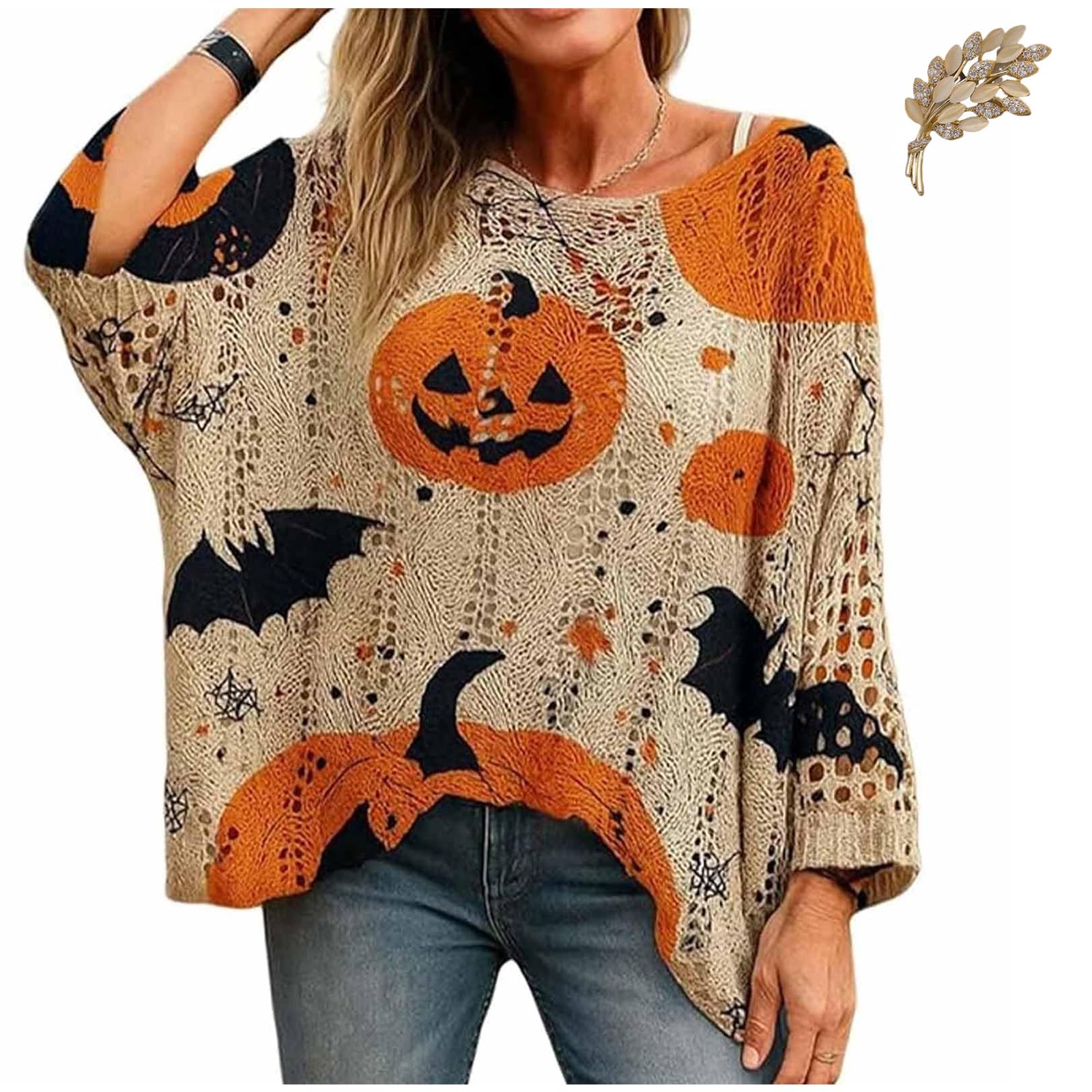 Womens Halloween Pumpkin Print Long Sleeve Knit Top Sweater Spooky Pumpkin Face Sweater Boat Neck Rhombus Pullover