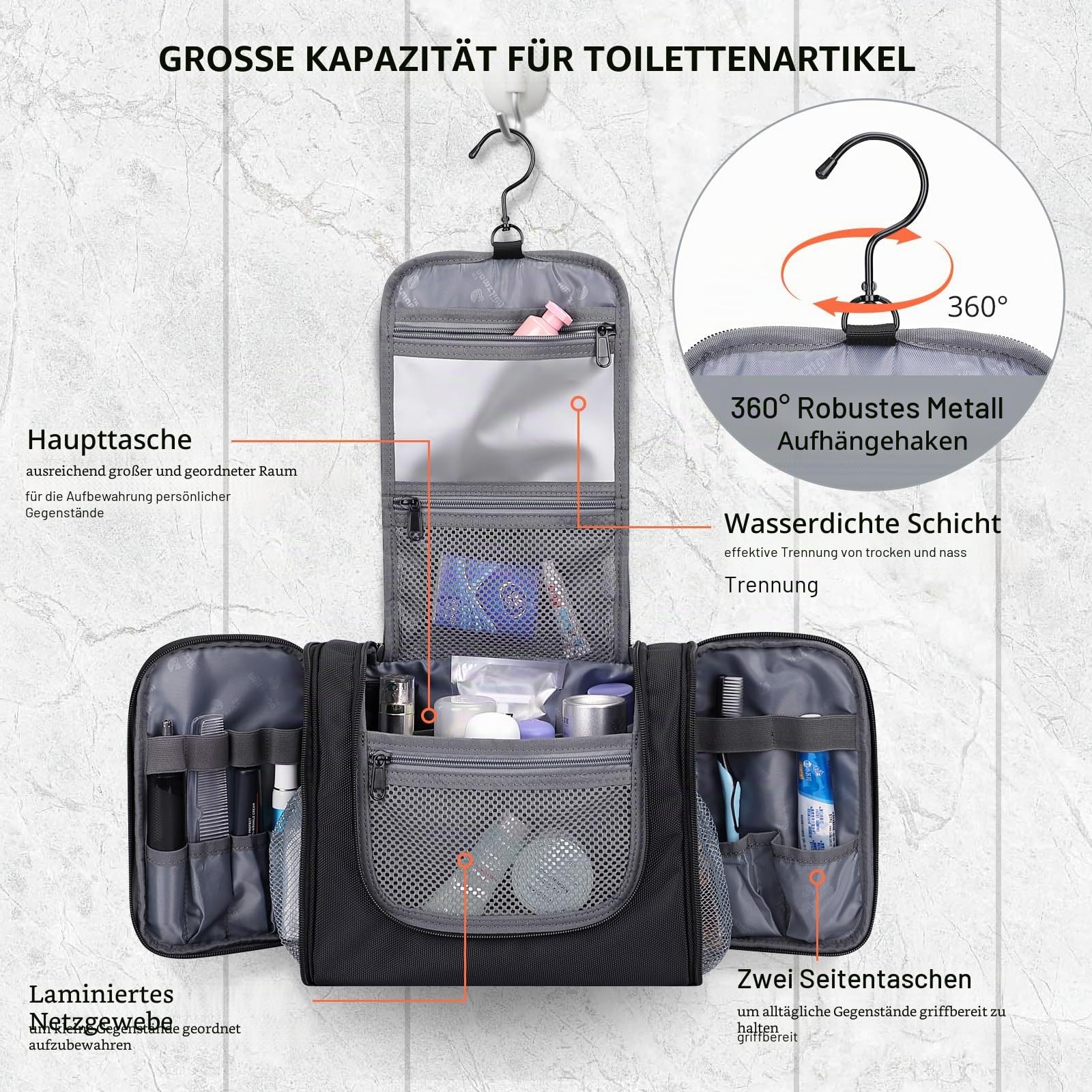WITZMAN Kulturbeutel Herren Nylon Hängend Wasserfest Reise Kosmetiktasche | Mit Nass-Trennfach, Vielen Fächern für Ordentliche Aufbewahrung, Leicht, Große Kapazität, Für Reisen, Bad, B690 Schwarz
