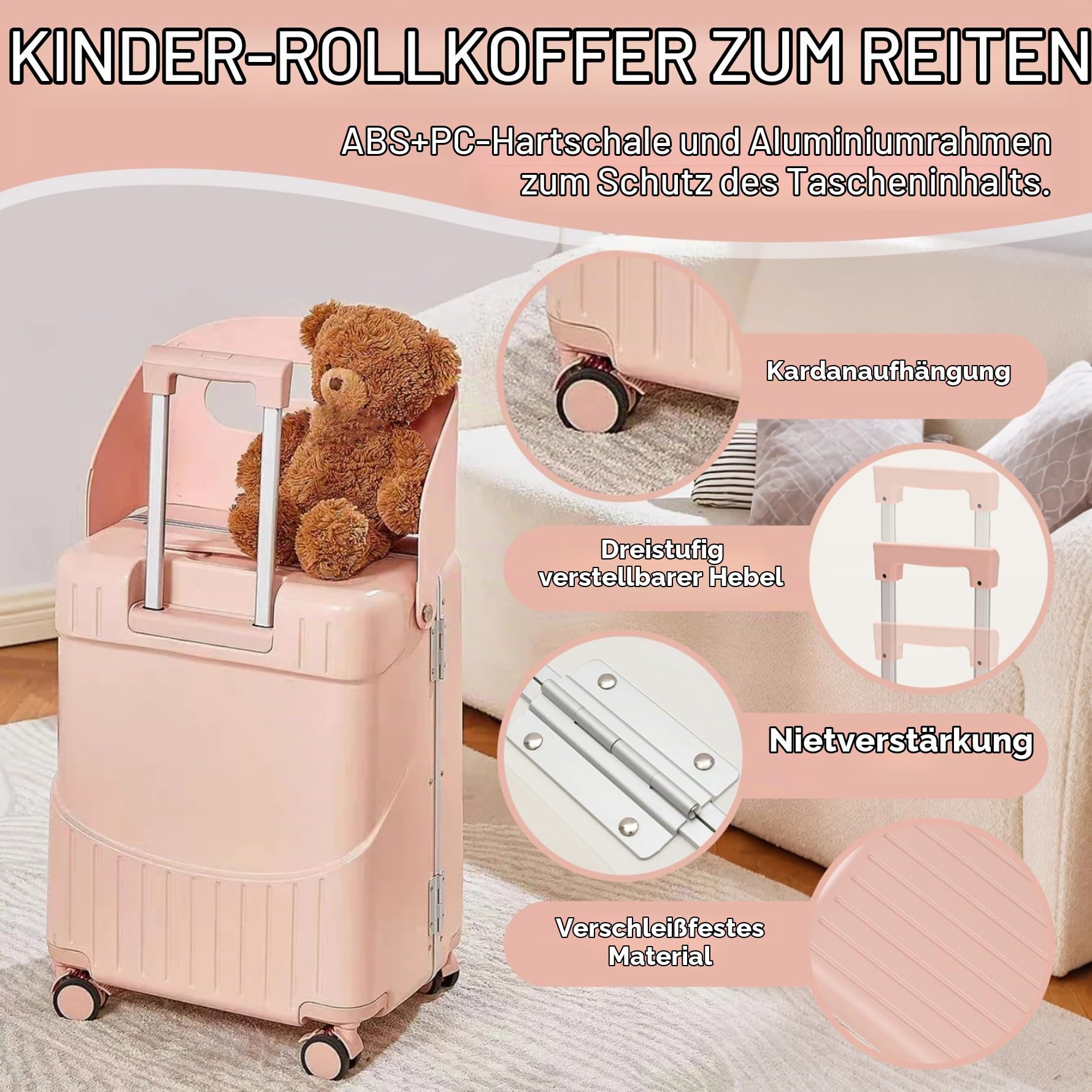 Fahren Sie auf Koffer für Kinder mit abschließbarem Koffer mit Sitz- und 4-Spinner-Räder-Unterteils-Schwerlastgepäck mit Tie-Tod & Bag-Hooks für Reisen, Ausgehen (Style 2), Fahren Sie auf dem Koffer.
