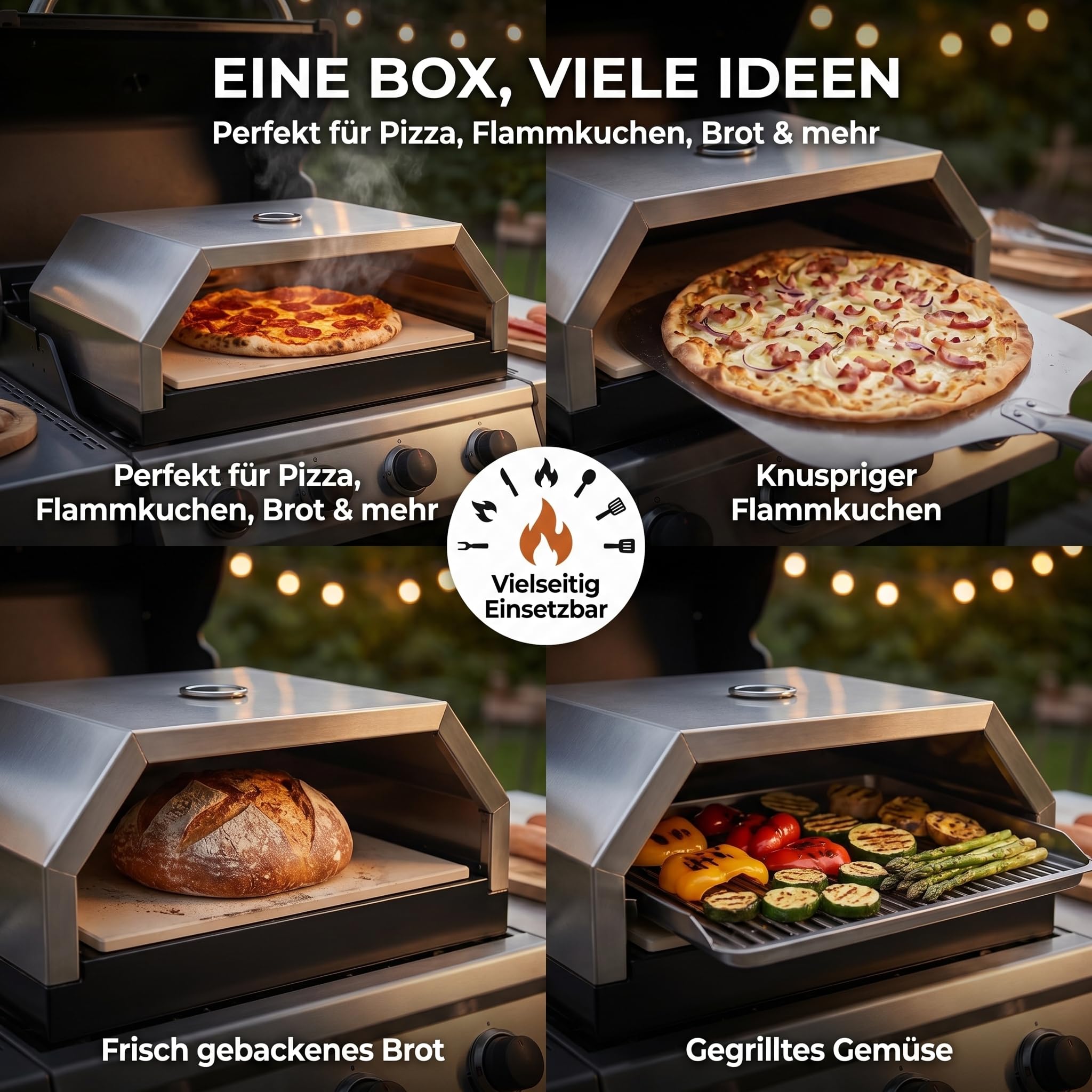 Pizzaofen aus Edelstahl mit Pizzastein für Gasgrill & Holzkohlegrill – Pizzabox für BBQ mit Thermometer (Silber)