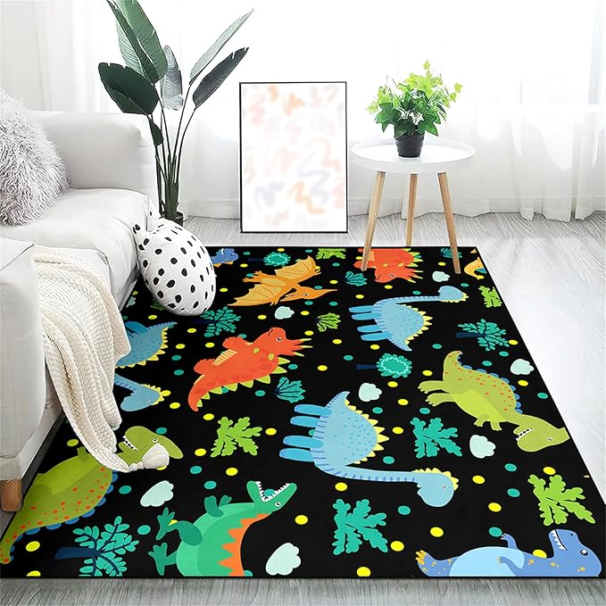 Black Dinosaurs Area Rugs for Kids Cartoon Lovely Animal Patterns Carpet Dinosaur Rugs for Boys Bedroom Living Dinning Room Bedroom Kitchen Playing Room Dinosaur Rooms Decor, 4'×5'