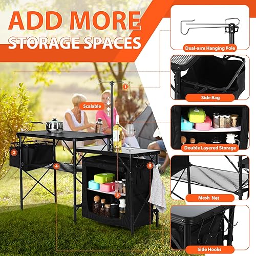 Miniatura 4 de Nice C Mesa de cocina de campamento, estación de cocina plegable portátil, organizador de almacenamiento, con postes de luz, almacenamiento, bolsa