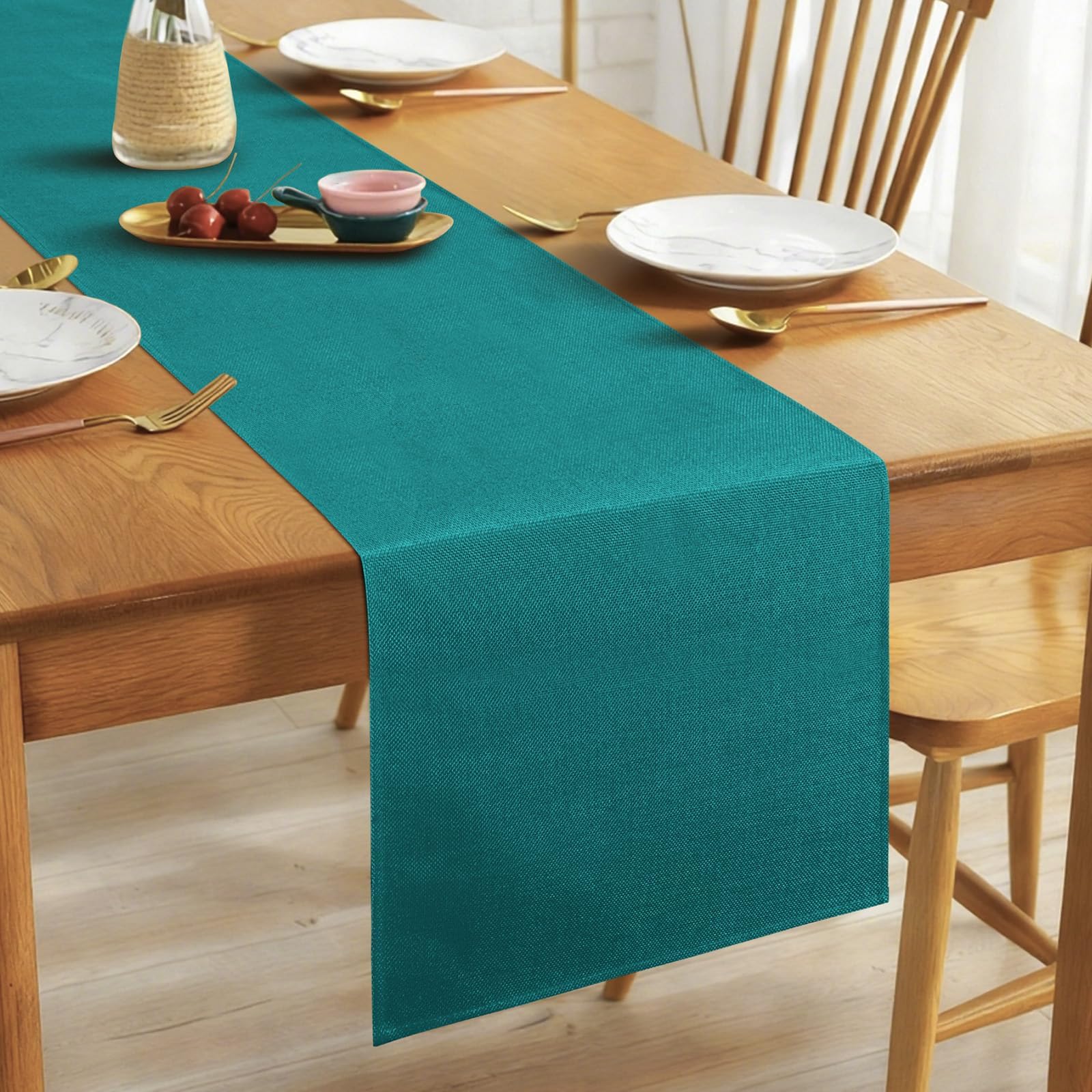 Alaoo Linen Table Runner, 40 * 140cm Elegant Rustic Farmhouse Table Runner, Washable Kitchen Dining Table Decoration for Dining Holiday Parties and Everyday Use, Peacock Blue