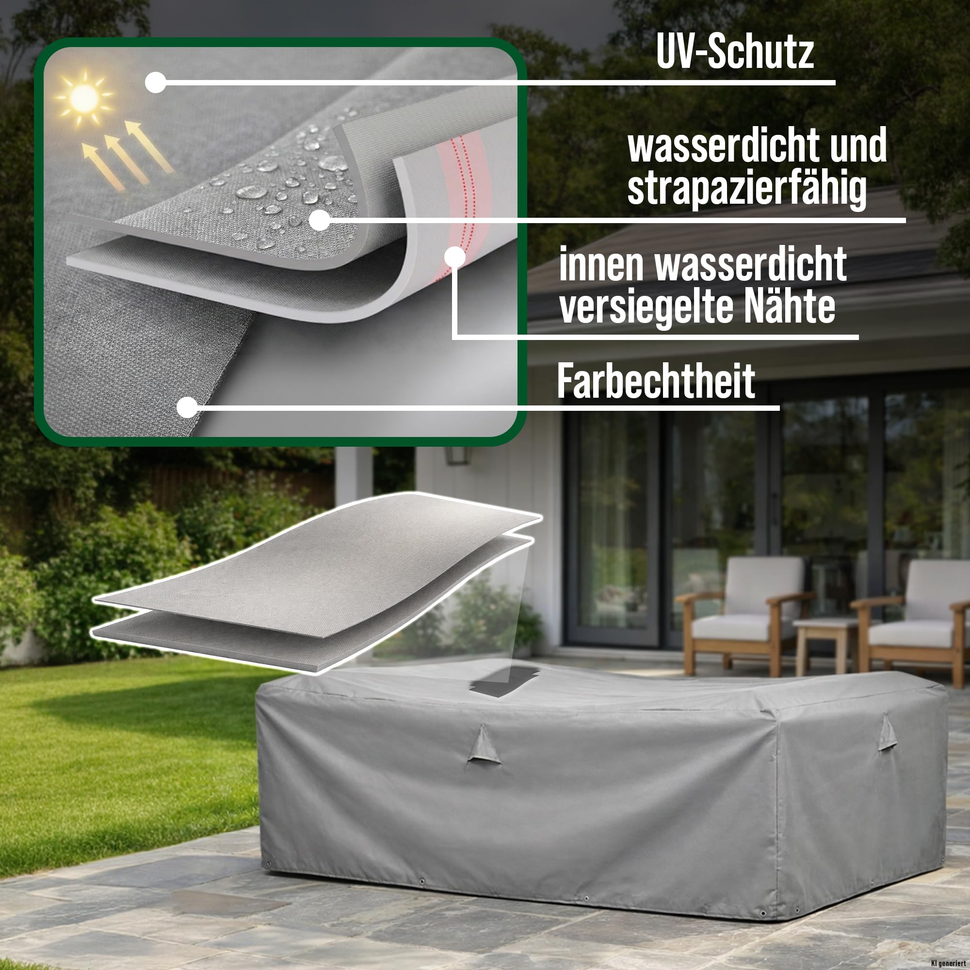 Schutzhülle Lounge rechteckig 300x300x80 cm, 600D Oxford | wasserdicht, UV-beständig, reißfest und winterfest - robuste Abdeckung für Gartenmöbel mit Kordelzug für sicheren Halt