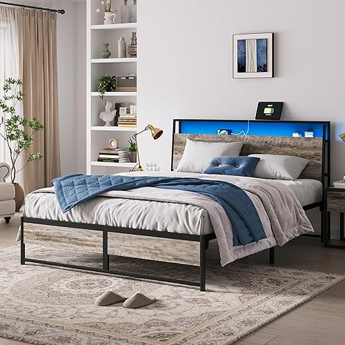LINSY LIVING Base de cama Queen con cabecero, marco de cama industrial de metal de montaje rápido con luces y carga, marco de cama de 14 pulgadas