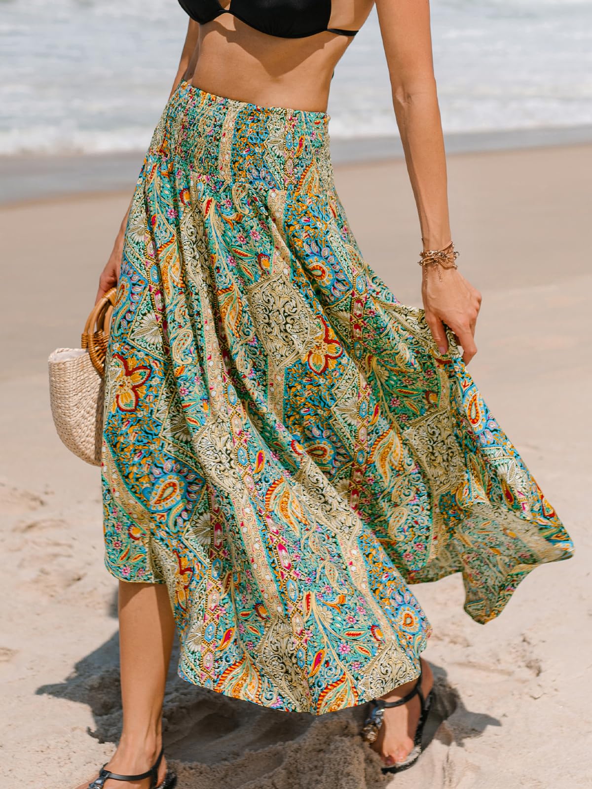 CUPSHE Jupe longue smockée taille haute abstraite jupe longue cache-maillot de plage jupe bohème